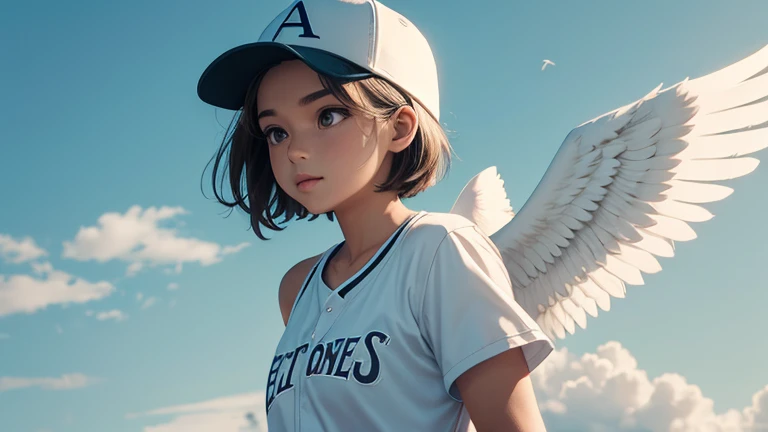 One angel with wings on each shoulder, wearing a baseball cap, in the air.