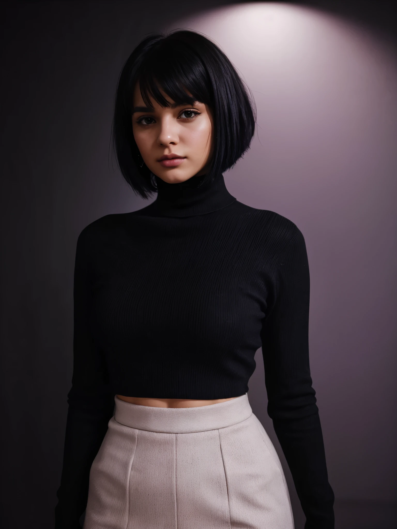 Magazine style photo of a young woman with black messy bob hair wearing a lilac cropped turtleneck inspired by Armani, indirect lighting, studio portrait, dark plain background, dynamic pose, beautiful body, 160 cm 50 kg, Soho, shot on Agfa Vista 200, film photography, f1.8 50mm lens