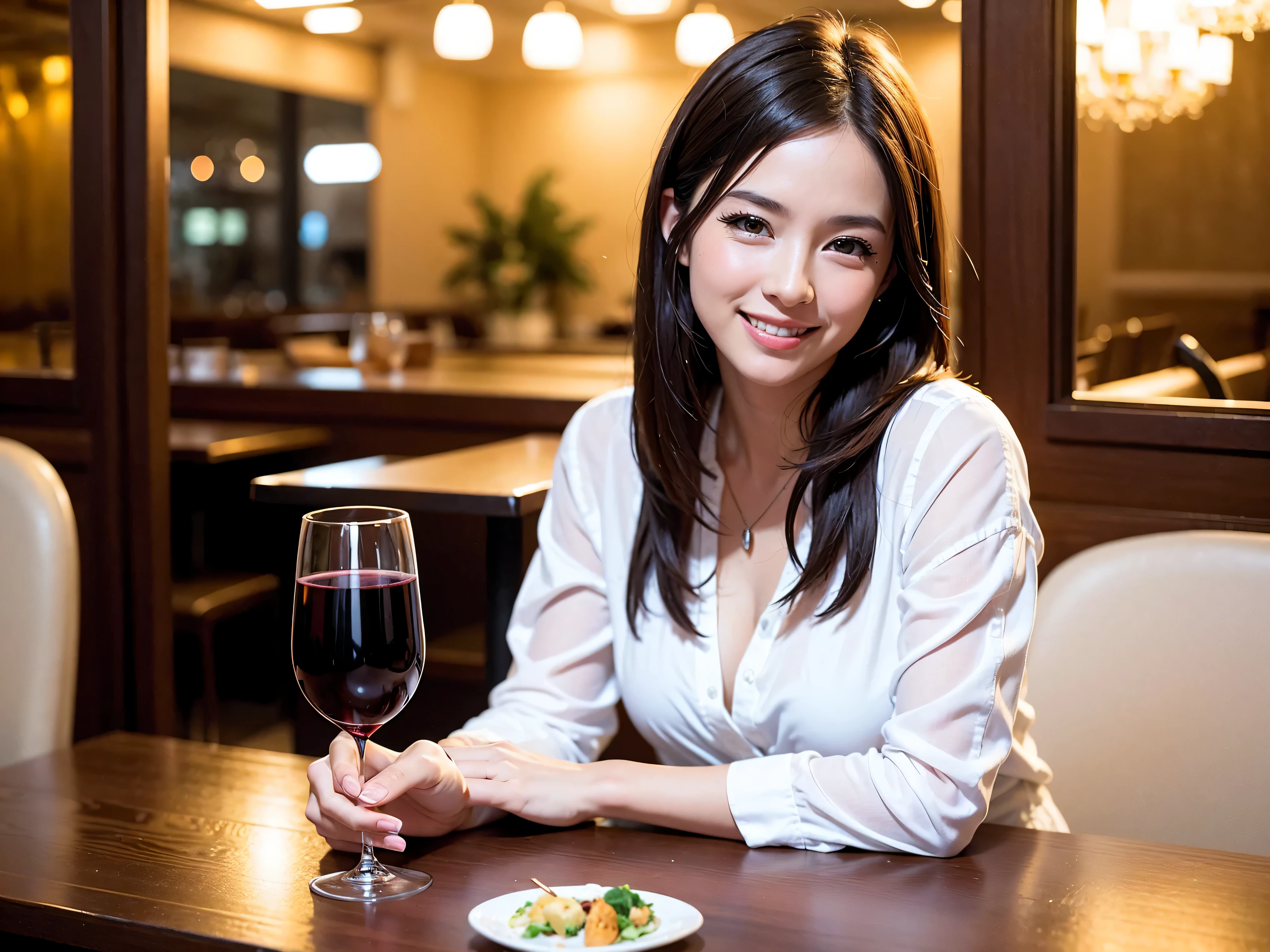 (K UHD, nffsw, top quality, table top: 1.2), (realistic, realistic: 1.37), Spectacular view of the sunset sky and clouds、Amazing mountain views、A bright smile、A lovely woman with a smile、The woman&#39;s face is bright、fox face、lady、Wine Party、hors d'oeuvre、Italian food、2 beauties、brown hair、shortcut、long sleeve shirt、winter fashion、dress、Japanese、Englishman、Dutch、German、Belgian、Italian、French,wine bottle、hors d'oeuvre、Champagne、sparkling wine、Pretty Woman 1, (slim face), (Because I&#39;m slender), (brown hair), (shortcut), cheeks turn a little red, (42 years old), 38 years old, attractive beauty、, A beautiful and detailed night view spreads out outside the window.........., restaurant, sitting in a wine glass, At night, in a prominent place (from the waist up) nova frog style, actress, model, Upper body, White wine, slim, wine glass, very beautiful night view, wine glass placed in the middle, Smile, (smile: 1.15), beautiful small eyes, 