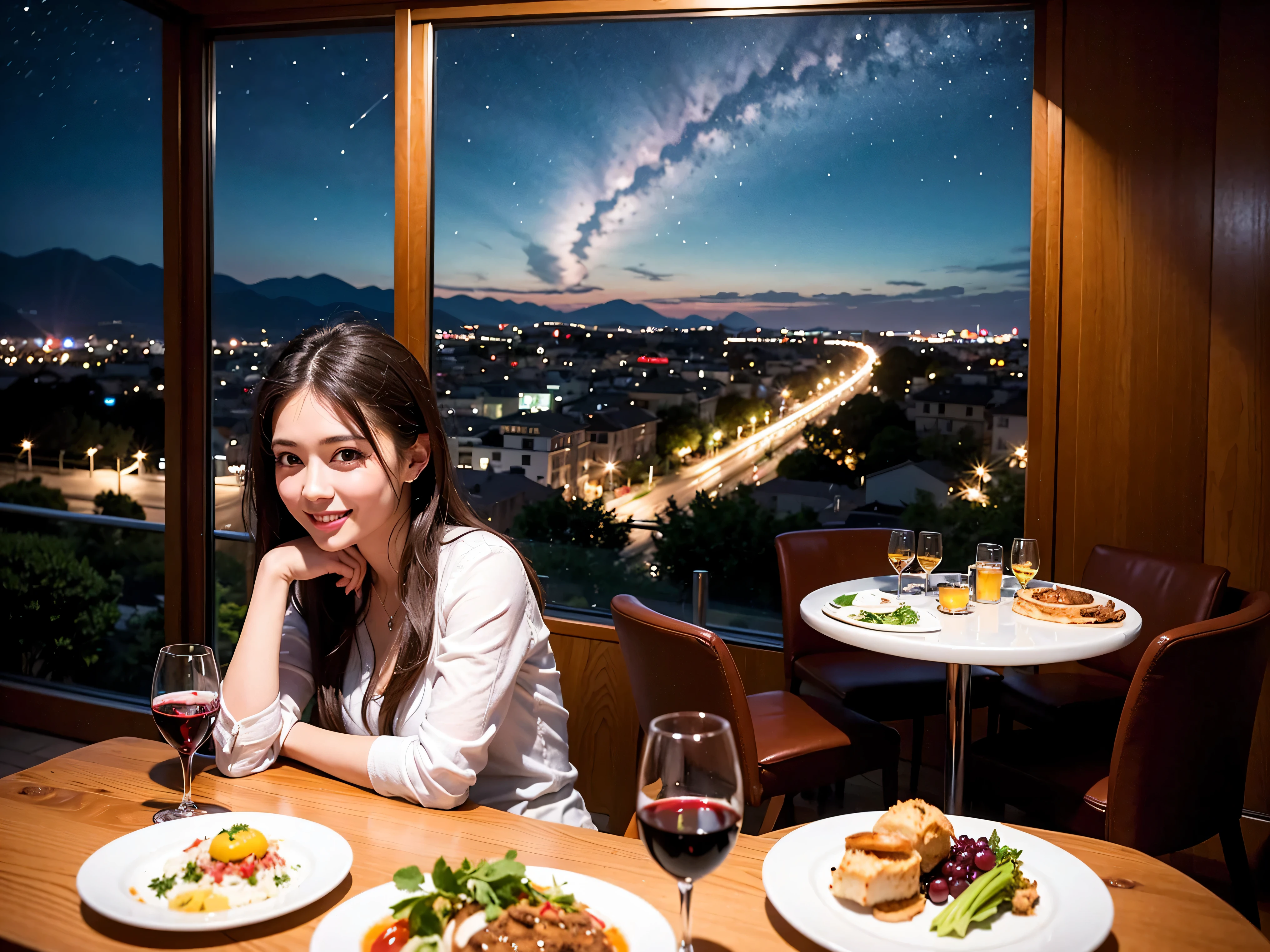 (K UHD, nffsw, top quality, table top: 1.2), (realistic, realistic: 1.37), Spectacular view of the sunset sky and clouds、Amazing mountain views、A bright smile、A lovely woman with a smile、The woman&#39;s face is bright、fox face、lady、Wine Party、hors d'oeuvre、Italian food、2 beauties、brown hair、shortcut、long sleeve shirt、winter fashion、dress、Japanese、Englishman、Dutch、German、Belgian、Italian、French,wine bottle、hors d'oeuvre、Champagne、sparkling wine、Pretty Woman 1, (slim face), (Because I&#39;m slender), (brown hair), (shortcut), cheeks turn a little red, (42 years old), 38 years old, attractive beauty、, A beautiful and detailed night view spreads out outside the window.........., restaurant, sitting in a wine glass, At night, in a prominent place (from the waist up) nova frog style, actress, model, Upper body, White wine, slim, wine glass, very beautiful night view, wine glass placed in the middle, Smile, (smile: 1.15), beautiful small eyes, 