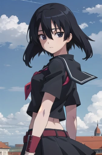 agkkurome, kurome, short hair, black hair, (black eyes:1.3), hair between eyes, cute face
BREAK skirt, serafuku, black serafuku, short sleeves, black skirt, neckerchief, red neckerchief, belt, midriff peek
BREAK city, sky, clouds, palace courtyards
BREAK looking at viewer, (cowboy shot:1.5), wind, wind blowing, from side
BREAK (masterpiece:1.2), best quality, high resolution, unity 8k wallpaper, (illustration:0.8), (beautiful detailed eyes:1.6), extremely detailed face, perfect lighting, extremely detailed CG, (perfect hands, perfect anatomy)