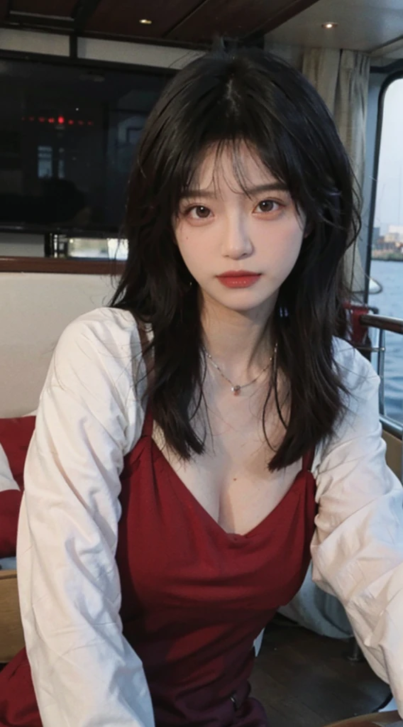 best quality,masterpiece,ultra high resolution,(realistically:1.4),1 girl,big wavy hair,double eyelids,A pair of peach blossom eyes,necklace,Raised sexy,Skin white and translucent,Looking directly at the viewer,on the yacht,full of atmosphere,The cleavage is very attractive,,(red dress:1.8),(upper part of body:1.4),