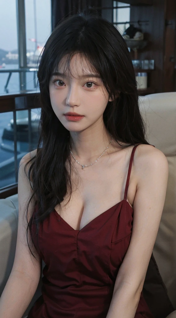 best quality,masterpiece,ultra high resolution,(realistically:1.4),1 girl,big wavy hair,double eyelids,A pair of peach blossom eyes,necklace,Raised sexy,Skin white and translucent,Looking directly at the viewer,on the yacht,full of atmosphere,The cleavage is very attractive,,(red dress:1.8),(upper part of body:1.4),