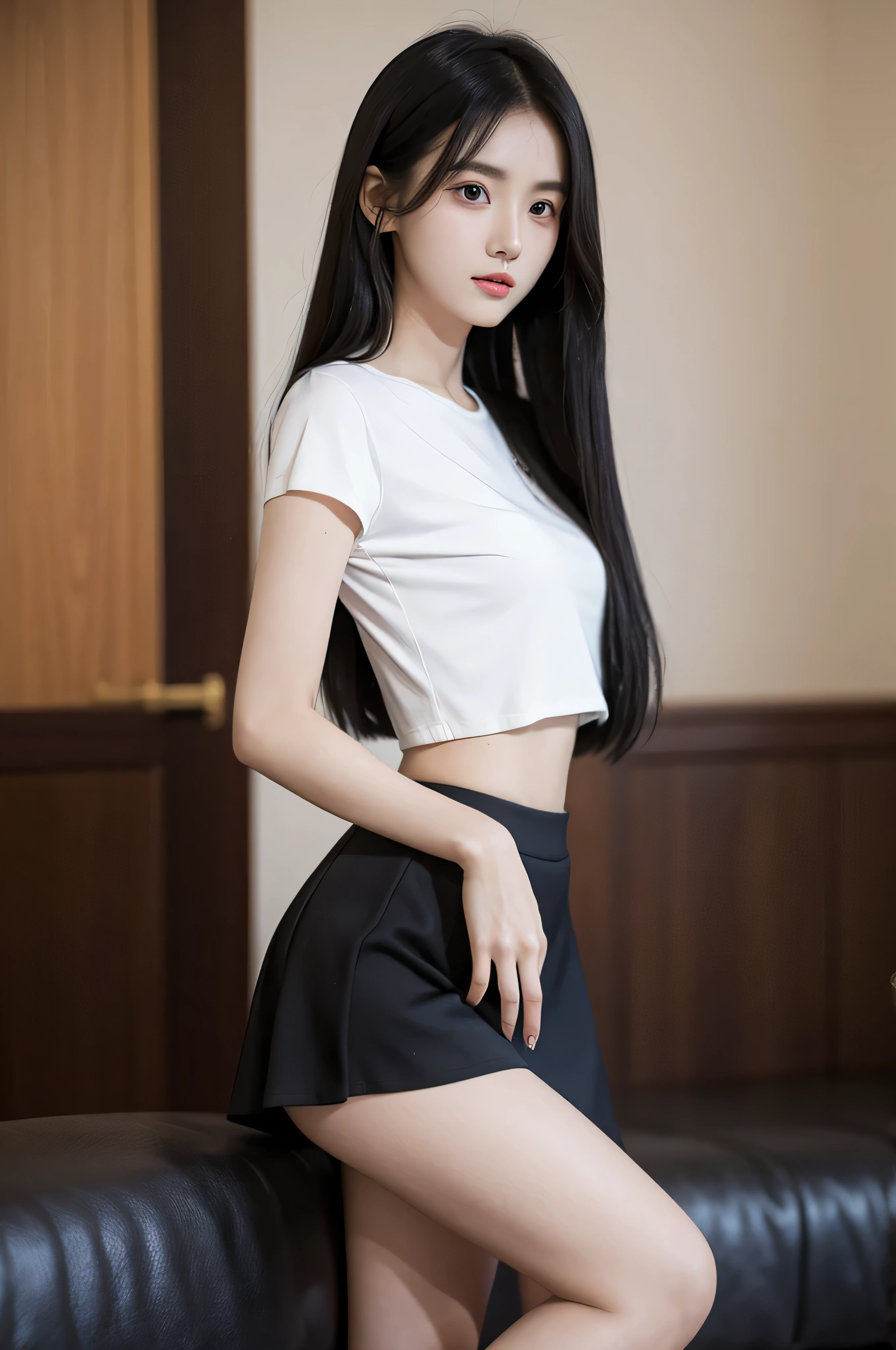 jujingyi, 1 girl, alone, long hair, view viewer, black hair, black skirt, whole body，long legs，Slim and sexy，