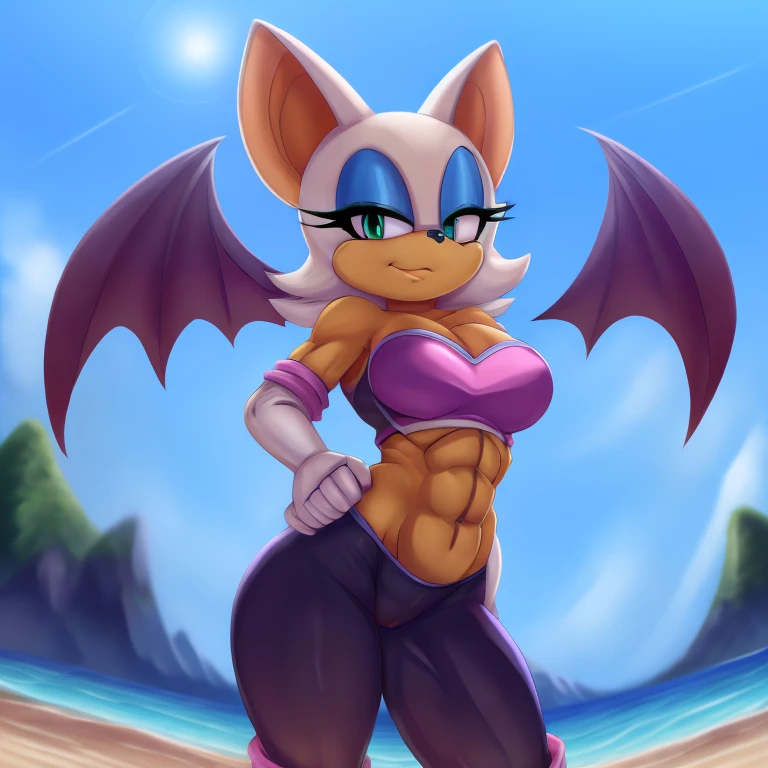 a digital artwork of Rouge the bat with abs wearing a crop top of her original outfit with a bare midriff and a bare navel , digital art, ((perfect face)), ((best quality)), ((masterpiece)), she has a tan midriff