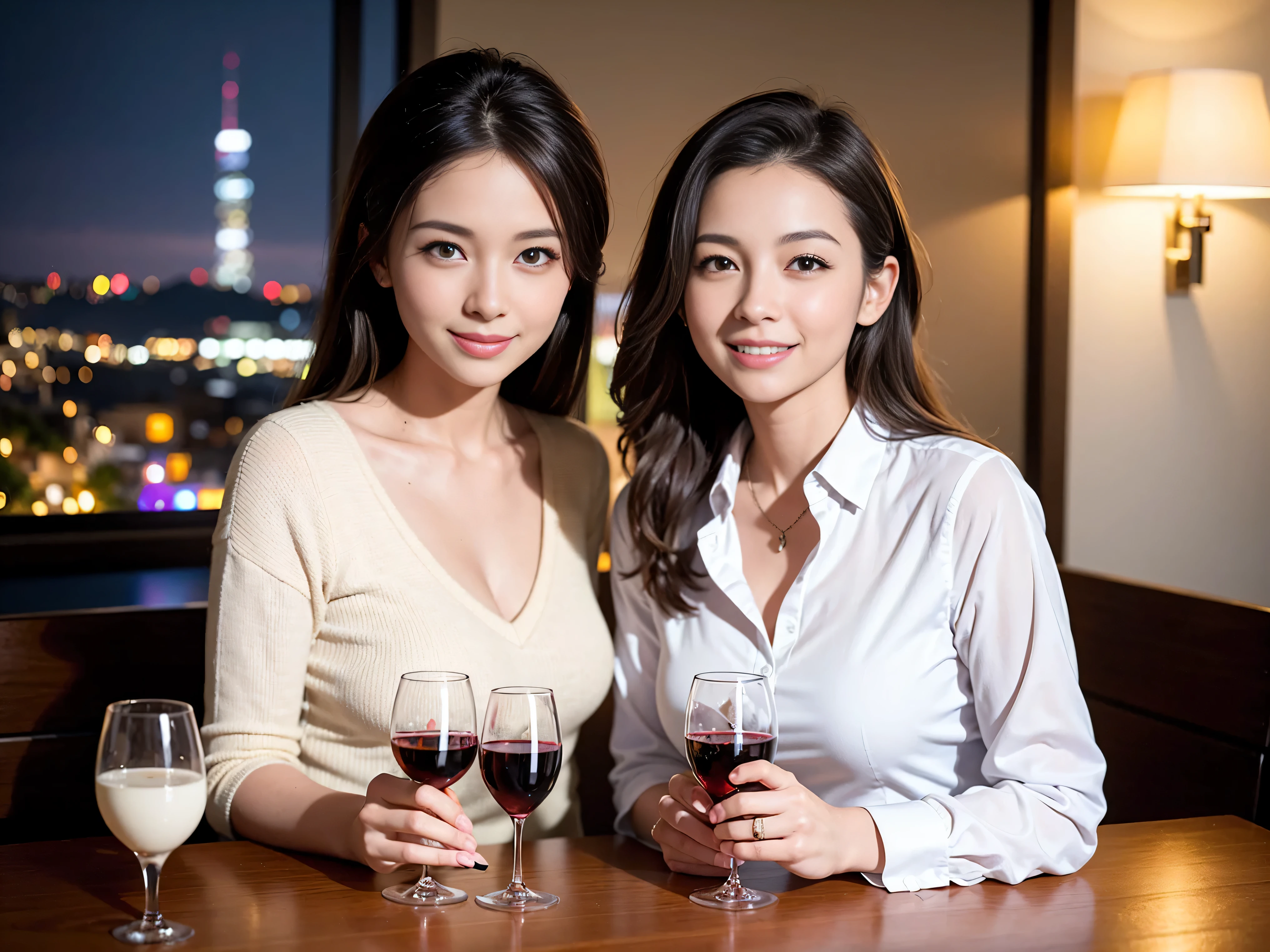 (K UHD, nffsw, top quality, table top: 1.2), (realistic, realistic: 1.37), Spectacular view of the sunset sky and clouds、Amazing mountain views、A bright smile、A lovely woman with a smile、The woman's face is bright、fox face、lady、Wine Party、hors d'oeuvre、Italian food、2 beauties、brown hair、shortcut、long sleeve shirt、winter fashion、dress、Japanese、Englishman、Dutch、German、Belgian、Italian、French,wine bottle、hors d'oeuvre、Champagne、sparkling wine、Pretty Woman 1, (slim face), (Because I'm slender), (brown hair), (shortcut), cheeks turn a little red, (40 years old), 38 years old, attractive beauty、, A beautiful and detailed night view spreads out outside the window.........., restaurant, sitting in a wine glass, At night, in a prominent place (from the waist up) nova frog style, actress, model, Upper body, White wine, slim, wine glass, very beautiful night view, wine glass placed in the middle, Smile, (smile: 1.15), beautiful small eyes,