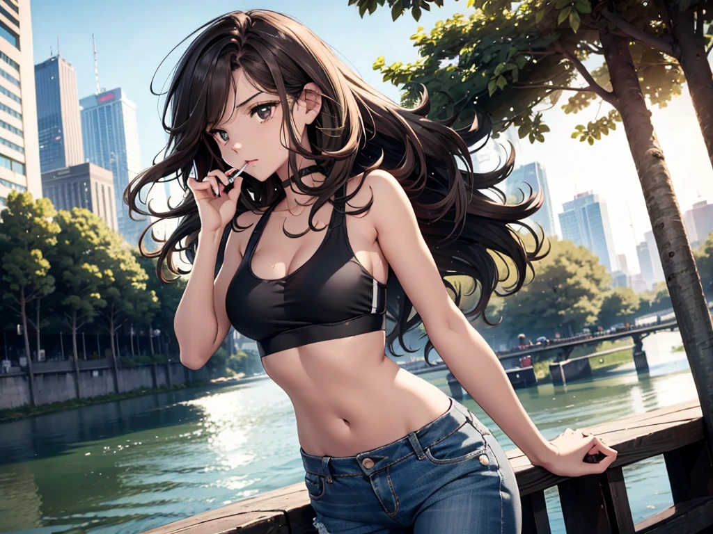 sport girl smoking a cigarette, smoking, smoker, she has long brown hair, she's in extase, she's enjoying it, (((masterpiece))), highly detailled face, she wear a short jeans, she wear a black sportbra, she's sweating, she's exhausted, she's running, she's fast, city background, trees, crowded area, river, boat on the river,