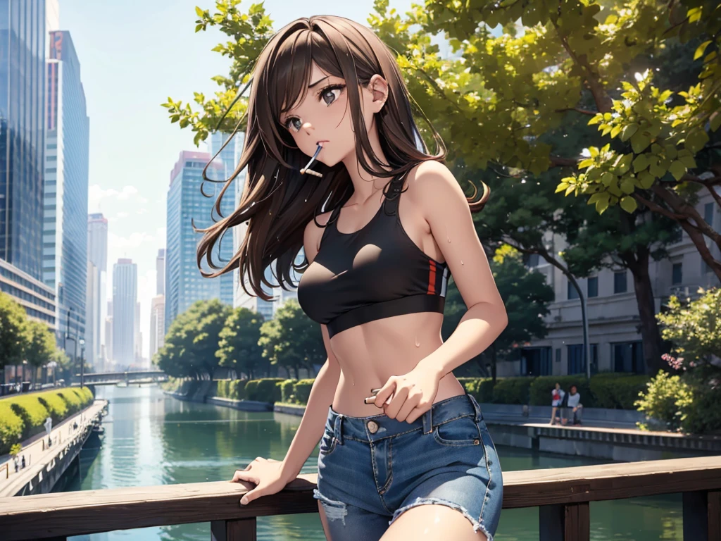 sport girl smoking a cigarette, smoking, smoker, she has long brown hair, she's in extase, she's enjoying it, (((masterpiece))), highly detailled face, she wear a short jeans, she wear a black sportbra, she's sweating, she's exhausted, she's running, she's fast, city background, trees, crowded area, river, boat on the river,