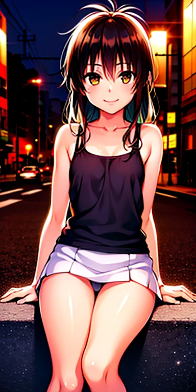 1 girl, tokyo street,night, cityscape,city lights,whole body 1.4,close,smile,, (8K, Raw photo, highest quality, masterpiece:1.2),(realistic, photo-realistic:1.37),white camisole,mini skirt,sit,panty shot,white panties,Lift up your skirt while wearing it,