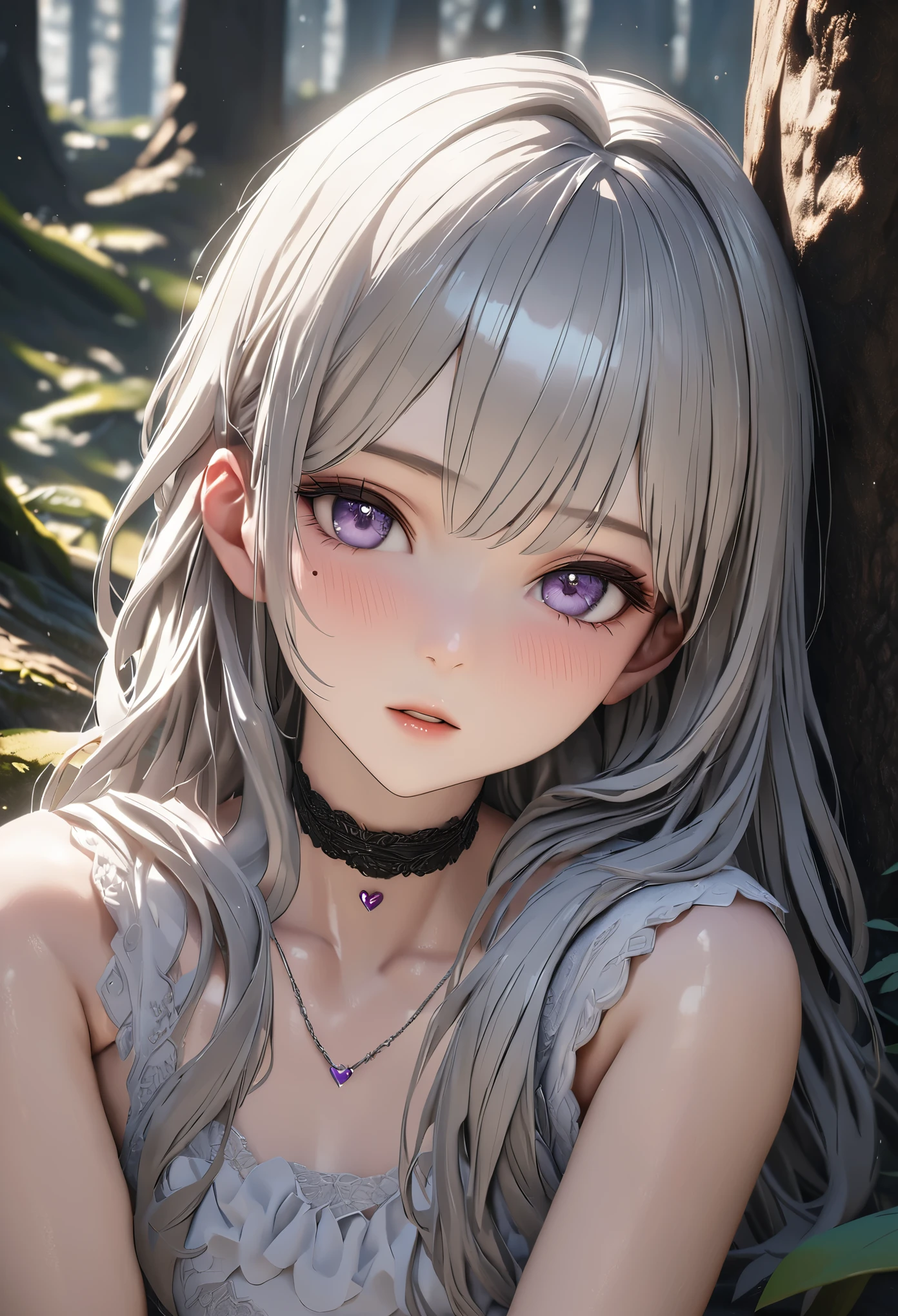 masterpiece,highest quality, Super detailed, High resolution, expensive resolution, HDR, 4k, 8K, unity 8k wallpaper, Super detailed CG, masterpiece, realistic, 2D, 3D, beautiful details, depth, fine texture , super fine: 1.3, Fully focused, Crispy.skin, .he,
Very cute anime girl one girl、silver semi-long hair、in the forest、Talk to a cute deer、gentle expression、A tame fawn、Long silver hair wearing expensive , one girl、alone, silver semi-long hair, mole under the eye, looking at the viewer , expensive , blush, mole, parted lips, hair ornaments, heart, purple eyes, choker、Cute baby deer、talk