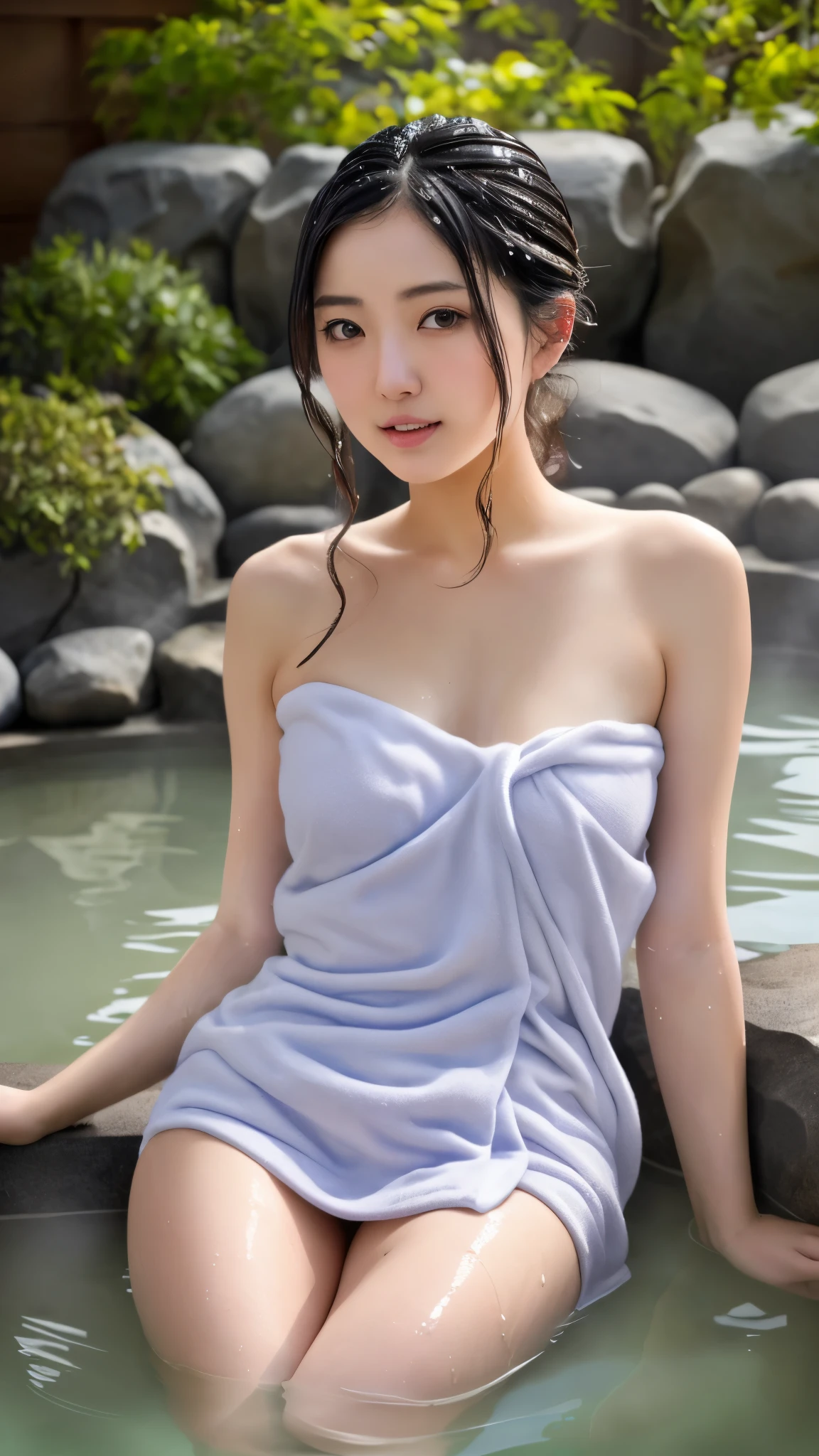 A woman in a hot spring、Highest quality、4K8K、Wrapped in a towel,Bokeh