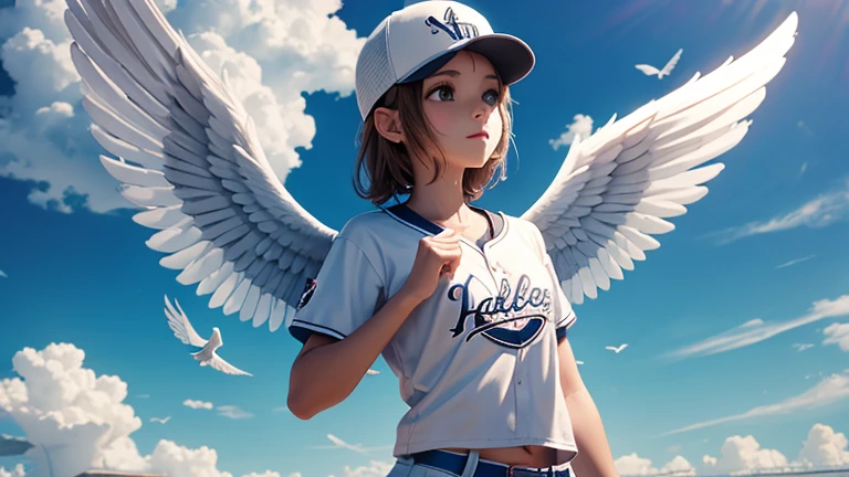 One angel with wings on each shoulder wearing a baseball cap floats in the sky