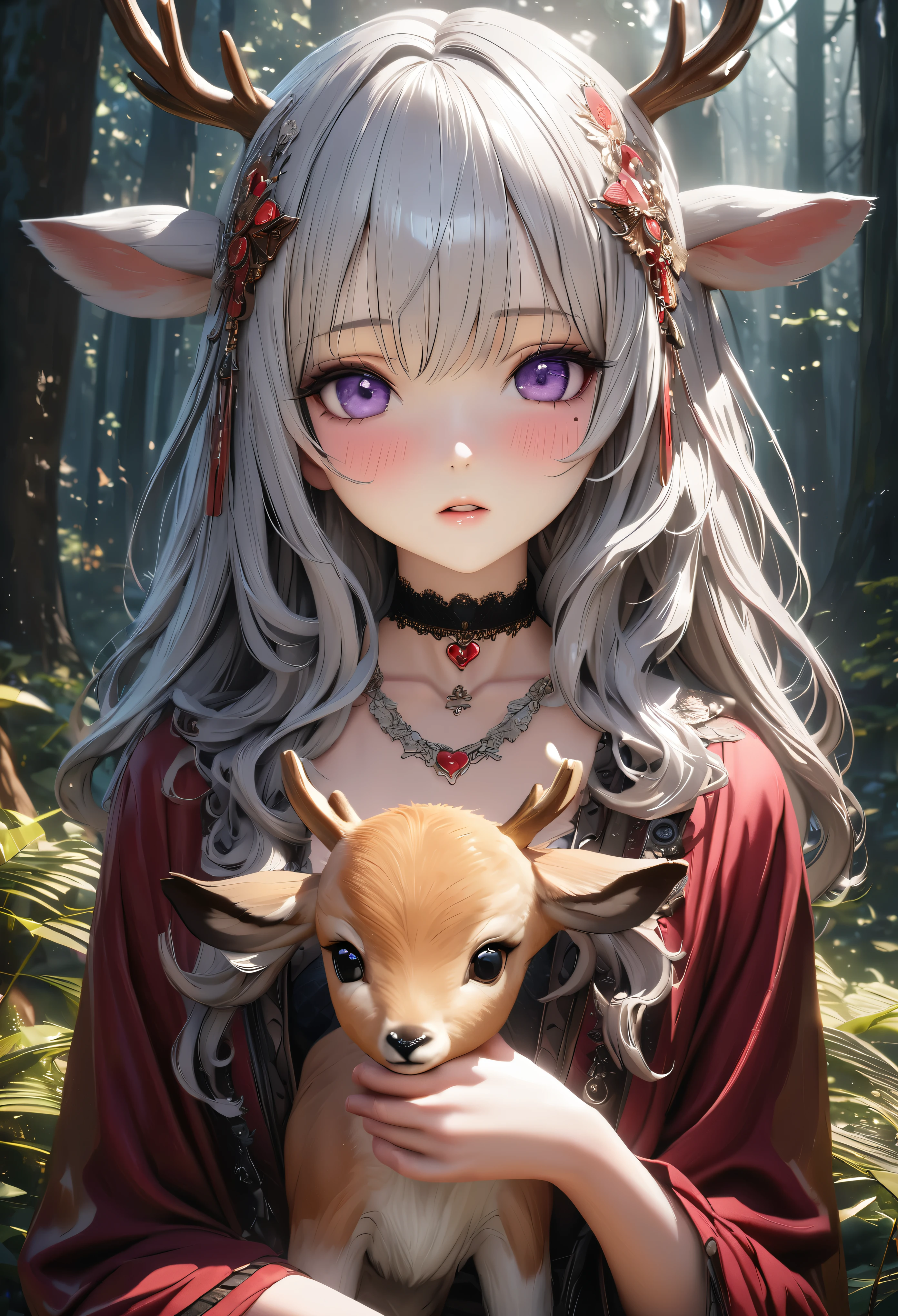 masterpiece,highest quality, Super detailed, High resolution, expensive resolution, HDR, 4k, 8K, unity 8k wallpaper, Super detailed CG, masterpiece, realistic, 2D, 3D, beautiful details, depth, fine texture , super fine: 1.3, Fully focused, Crispy.skin, .he,
Very cute anime girl one girl、silver semi-long hair、in the forest、Talk to a cute deer、gentle expression、A tame fawn、Long silver hair wearing expensive , one girl、alone, silver semi-long hair, mole under the eye, looking at the viewer , expensive , blush, mole, parted lips, hair ornaments, heart, purple eyes, choker、Cute baby deer、talk