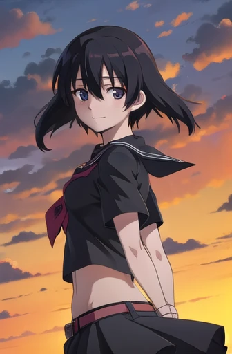 agkkurome, kurome, short hair, black hair, (black eyes:1.3), hair between eyes, cute face, smile, blush
BREAK skirt, serafuku, black serafuku, short sleeves, black skirt, neckerchief, red neckerchief, belt, midriff peek
BREAK city, sky, clouds, palace courtyards
BREAK looking at viewer, (cowboy shot:1.5), wind, wind blowing, from side
BREAK (masterpiece:1.2), best quality, high resolution, unity 8k wallpaper, (illustration:0.8), (beautiful detailed eyes:1.6), extremely detailed face, perfect lighting, extremely detailed CG, (perfect hands, perfect anatomy)