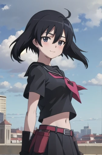 agkkurome, kurome, short hair, black hair, (black eyes:1.3), hair between eyes, cute face, smile, blush
BREAK skirt, serafuku, black serafuku, short sleeves, black skirt, neckerchief, red neckerchief, belt, midriff peek
BREAK city, sky, clouds, palace courtyards
BREAK looking at viewer, (cowboy shot:1.5), wind, wind blowing, from side
BREAK (masterpiece:1.2), best quality, high resolution, unity 8k wallpaper, (illustration:0.8), (beautiful detailed eyes:1.6), extremely detailed face, perfect lighting, extremely detailed CG, (perfect hands, perfect anatomy)