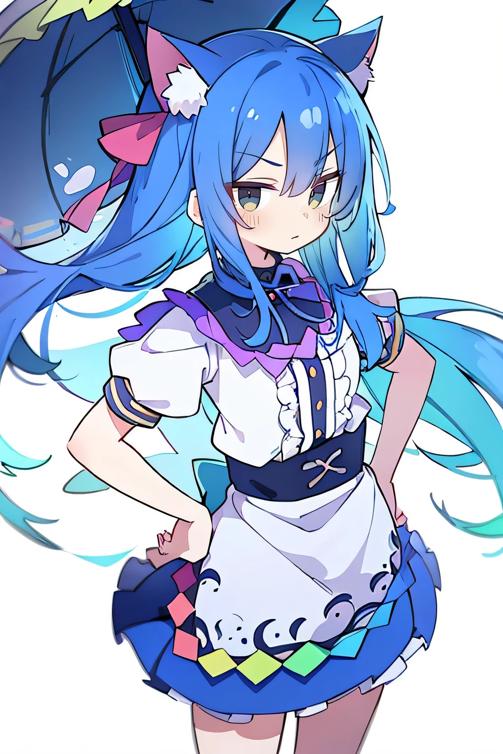 (masterpiece),best quality, expressive eyes, perfect face, 1girl,
 Put your hands on your waist,fair, Gorgeous,Japanese cartoons,girl,lola,Hina Angel, blue hair, blue haired, floating clothes,Grab your waist, Grab your waist, hands on hips , hands on hips,sit, sit on ground, Legs on the ground, flat chest,cat ears,