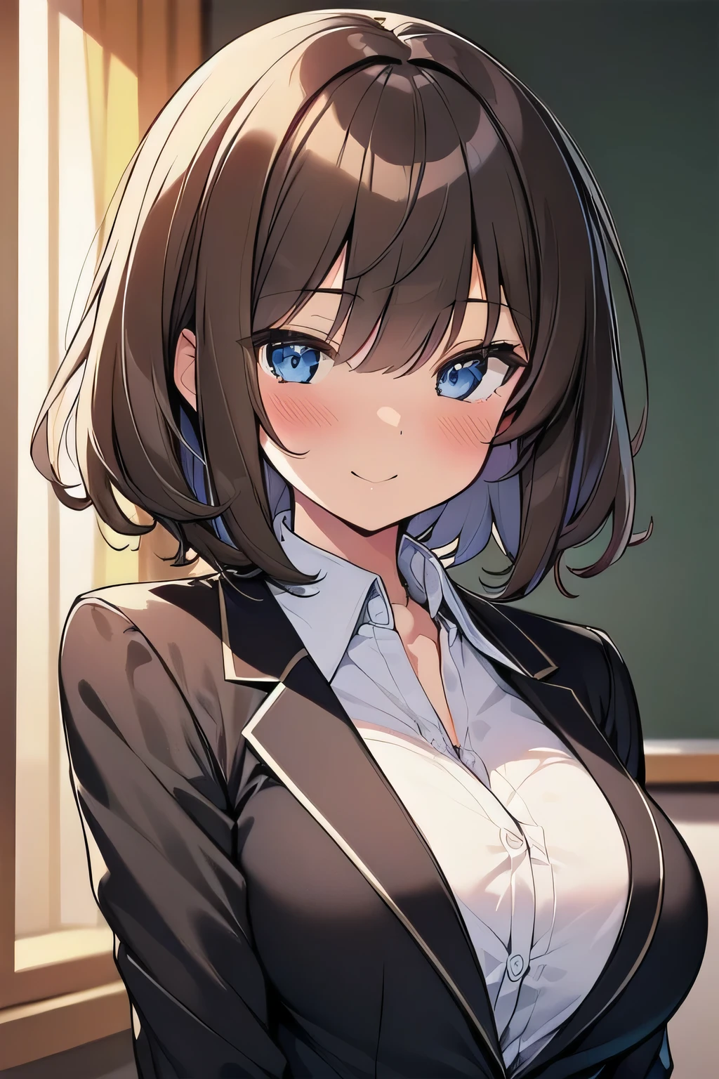 (best quality), (Super detailed), (Best Illustration), (1girl), look at viewer, upper body, (black blazer:1.2), (large breasts:1.2), light smile, blush, brown hair, (bob cut), curly hair, hairs between eyes, blue eyes, (school:1.3),