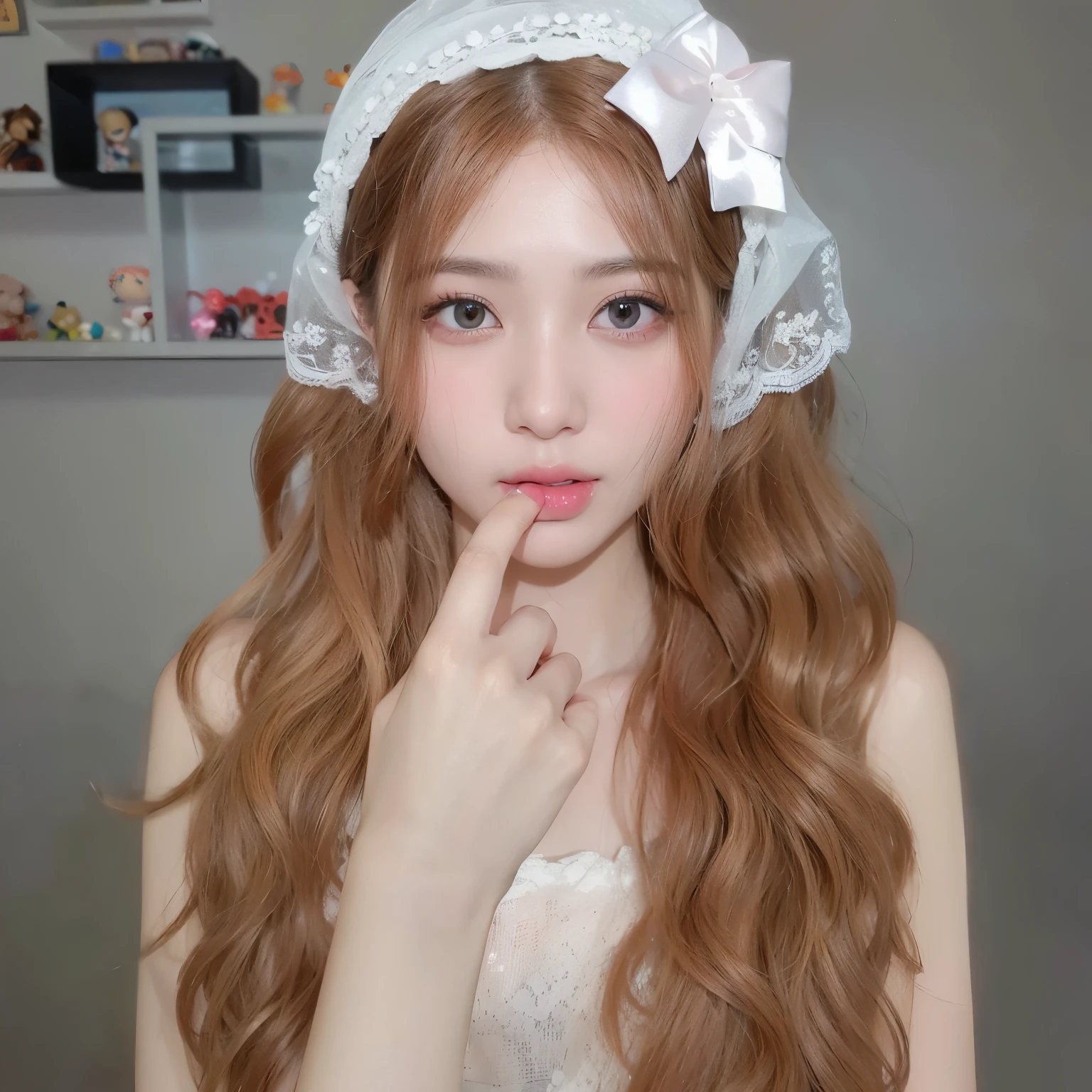 A girl taking pictures,facing the camera,棕橘色Long curly hair,White clothes,Long curly hair,long flowing hair,Very curly hair,Egg curly hair style,Photorealism,masterpiece,best quality,high quality,fine details,clear focus,精致Face部细节纹理,Face型流畅光滑自然,Very detailed faces,4 k,1girl,deep shadow, 1 girl, Narrow waist,美丽的Face, Face, Divine goddess, ultra high resolution,(Realism:1.4),(beautiful girl:1.4),(Looking at the audience,Detailed facial details,Beautiful detailed eyes,(Urzang-6500-V1.1:0.3)