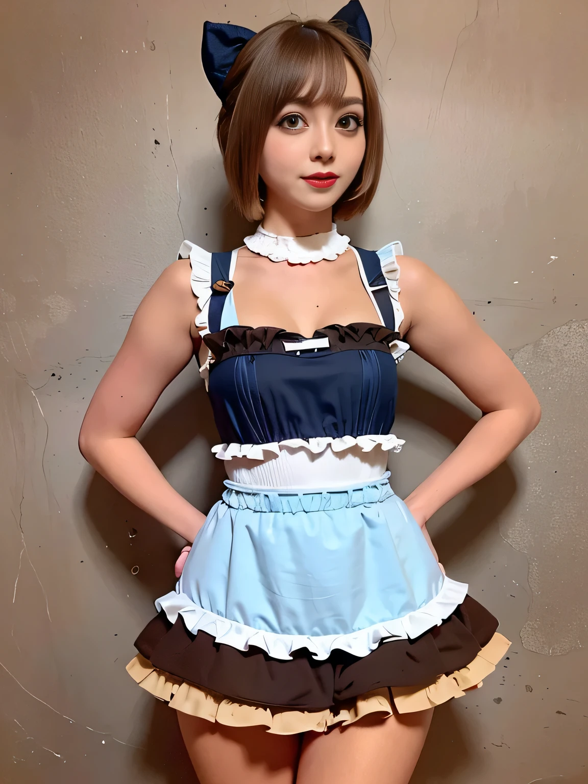 (best quality:1.2), (realistic, photo-realistic:1.3), (masterpiece:1.1), (teenage:1.3), (light smile:1.2), (short hair:1), (multicolored hair:1.2), (blue eyes:1.3), (brown skin:2), gal.safetensors, (Swimsuits with attention to detail:1), (lolita fashion:1.3), (Micro Mini Ultra High Leg:1.3)