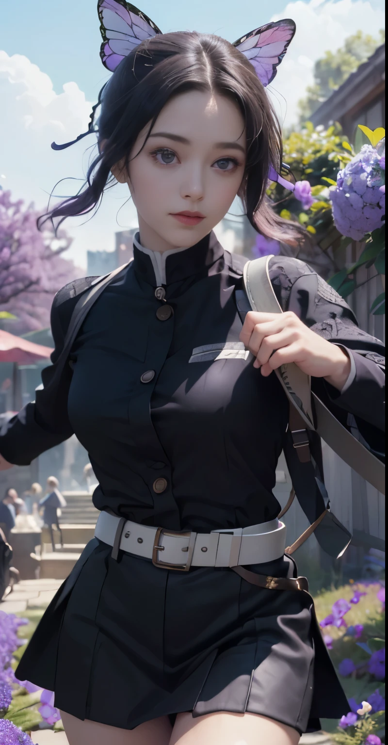 Ultra-realistic 8k CG, masterpiece,(mini skirt:1.4) close, (weapon in hand: 1.2), (attack: 1.2), beauty, goddess, from the front, face sticking out, (super detailed background, delicate pattern, intricate details)), high quality, highly detailed face, (超mini skirtから見える白いパンティ:1.4)、highly detailed eyes and face, highly detailed eyes, kocho shinobi, colorful hair, No bangs, hair intake, purple eyes, amount, black shirt, black pants (Haori, butterfly, button, belt, (garden: 1.2), purple flowers, Chibi, cloudy null, sunlight, Tyndall effect, exy、Slope_null, face, gorgeous null, Sword at the waist,Ultra-realistic 8k CG, masterpiece,(mini skirt:1.4) close, (weapon in hand: 1.2), (attack: 1.2), beauty, goddess, from the front, face sticking out, (super detailed background, delicate pattern, intricate details)), high quality, highly detailed face, highly detailed eyes and face, highly detailed eyes, kocho shinobi, colorful hair, No bangs, hair intake, purple eyes, amount, black shirt, black pants (Haori, butterfly, button, belt, (garden: 1.2), purple flowers, Chibi, cloudy null, sunlight, Tyndall effect, Slope_null, face, gorgeous null, Sword at the waist,