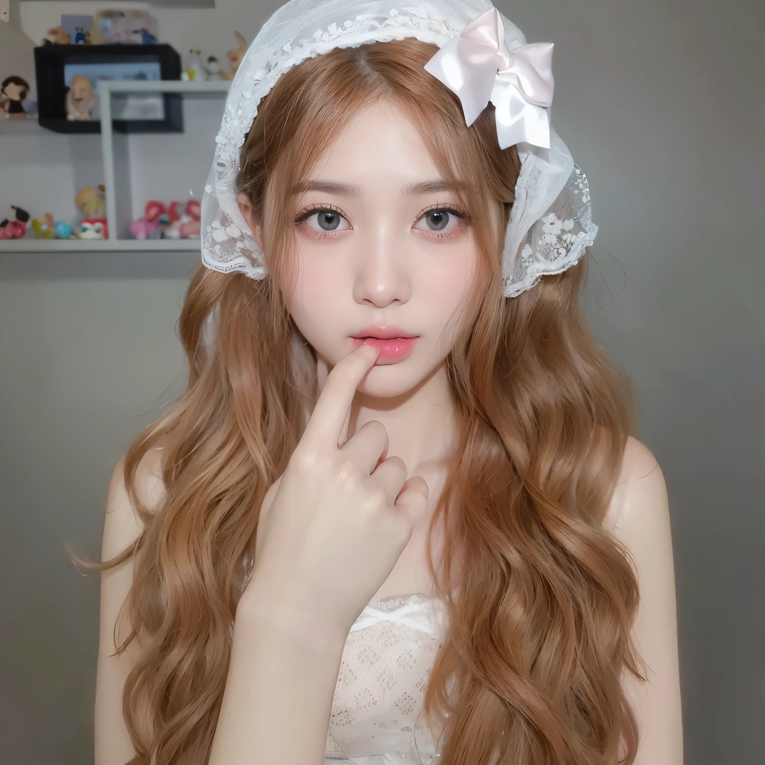 A girl taking pictures，facing the camera，棕橘色Long curly hair，White clothes，Long curly hair，long flowing hair，Very curly hair，Egg curly hair style，Photorealism，masterpiece，best quality，high quality，fine details，clear focus，精致Face部细节纹理，Face型流畅光滑自然，Very detailed faces，4 k，1girl，deep shadow， 1 girl， Narrow waist，美丽的Face， Face， Divine goddess， ultra high resolution，（Realism：1.4），（beautiful girl：1.4），（Looking at the audience，Detailed facial details，Beautiful detailed eyes，（Urzang-6500-V1.1：0.3）