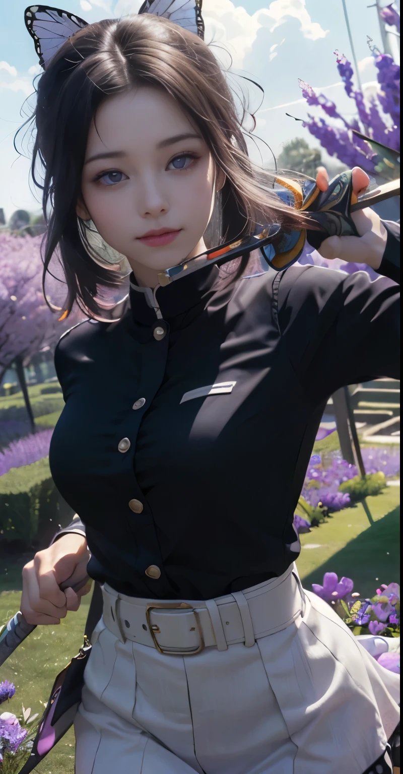 Ultra-realistic 8k CG, masterpiece,(mini skirt:1.4) close, (weapon in hand: 1.2), (attack: 1.2), beauty, goddess, from the front, face sticking out, (super detailed background, delicate pattern, intricate details)), high quality, highly detailed face, (超mini skirtから見える白いパンティ:1.4)、highly detailed eyes and face, highly detailed eyes, kocho shinobi, colorful hair, No bangs, hair intake, purple eyes, amount, black shirt, black pants (Haori, butterfly, button, belt, (garden: 1.2), purple flowers, Chibi, cloudy null, sunlight, Tyndall effect, exy、Slope_null, face, gorgeous null, Sword at the waist,Ultra-realistic 8k CG, masterpiece,(mini skirt:1.4) close, (weapon in hand: 1.2), (attack: 1.2), beauty, goddess, from the front, face sticking out, (super detailed background, delicate pattern, intricate details)), high quality, highly detailed face, highly detailed eyes and face, highly detailed eyes, kocho shinobi, colorful hair, No bangs, hair intake, purple eyes, amount, black shirt, black pants (Haori, butterfly, button, belt, (garden: 1.2), purple flowers, Chibi, cloudy null, sunlight, Tyndall effect, Slope_null, face, gorgeous null, Sword at the waist,