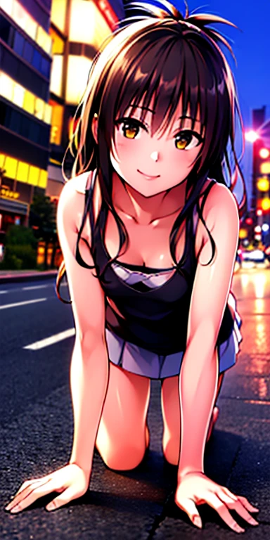 1 girl, tokyo street,night, cityscape,city lights,whole body 1.4,close,smile,, (8K, Raw photo, highest quality, masterpiece:1.2),(realistic, photo-realistic:1.37),white camisole,mini skirt,crawl on all fours、buckshot,panty shot,Face this way,