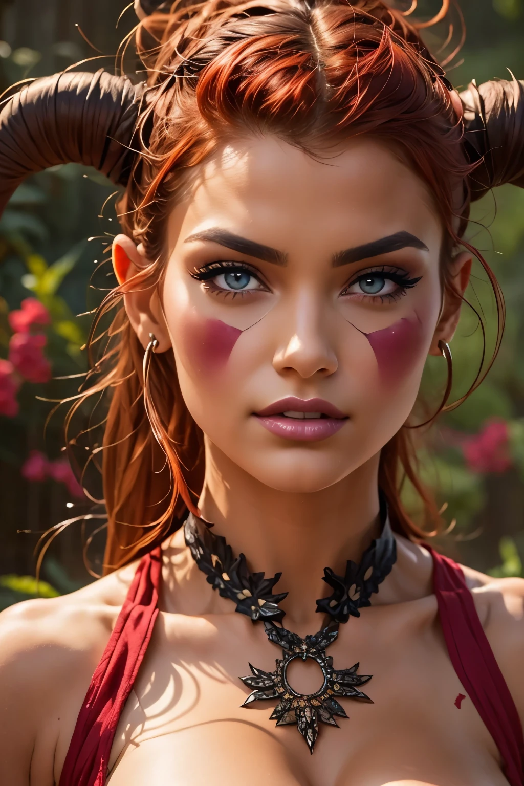 highly detailed, seductive erotic female with horns, skin tight shirt, (busty, are so massive shirt keeps busting, red hair), centered on the face, face focused, intricate eyes,