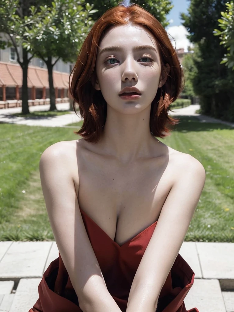 ( masterpiece, top quality, best quality,8k,17 years old girl,ultra detailed,raw photo:1.5),(photorealistic:1.4), (Asymmetrical Haircut,red hair:1.5), (cinematic lighting), PerfectNwsjMajic, , Surrealism, UHD, ccurate, Super detail, textured skin, High detail, Best quality, dynamic angle, (high nose,White skin),[Beautiful blue eyes],[flat chest:large breasts:0.5],(1girl),(good anatomy:0.5)),(outside:1.5),