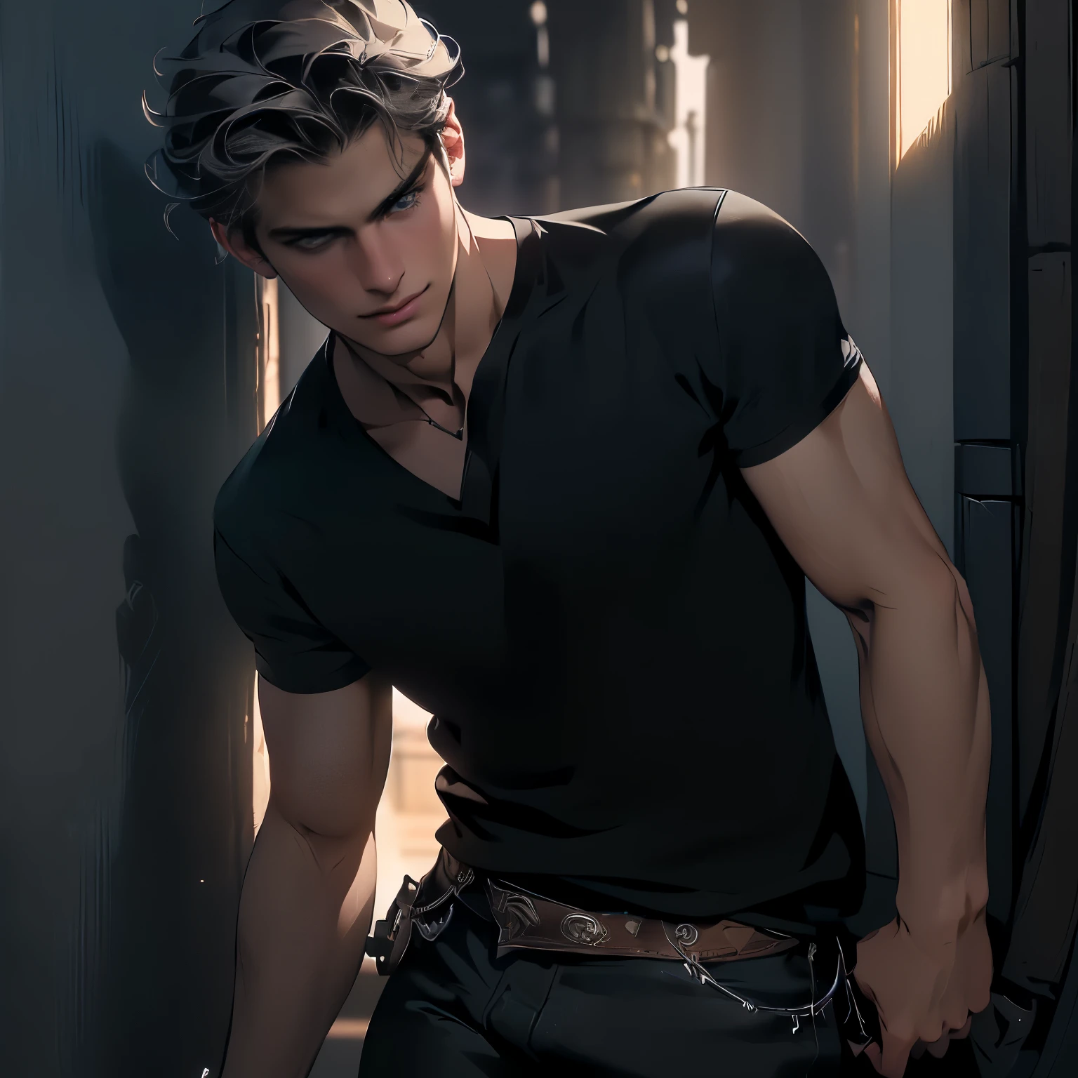 a handsome European male in early twenties leaning on wall with tender smile, short ((grayish khaki hair)), dark blue eyes, (dynamic pose:1.5), (cowboy shot:1.5), wearing (((black V-neck T-shirts))) and dark brown leather pants with engineer boots, busy afternoon street with sunlight, highly detailed, cinematic lighting, unreal engine, realistic, ultra quality, (((masterpiece))),