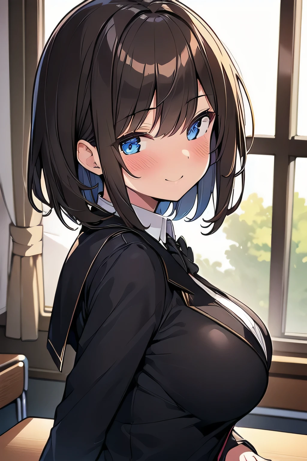 (best quality), (Super detailed), (Best Illustration), (1girl), look at viewer, upper body, (black blazer:1.2), (large breasts:1.2), light smile, blush, brown hair, (bob cut), curly hair, hairs between eyes, blue eyes, (school:1.3),