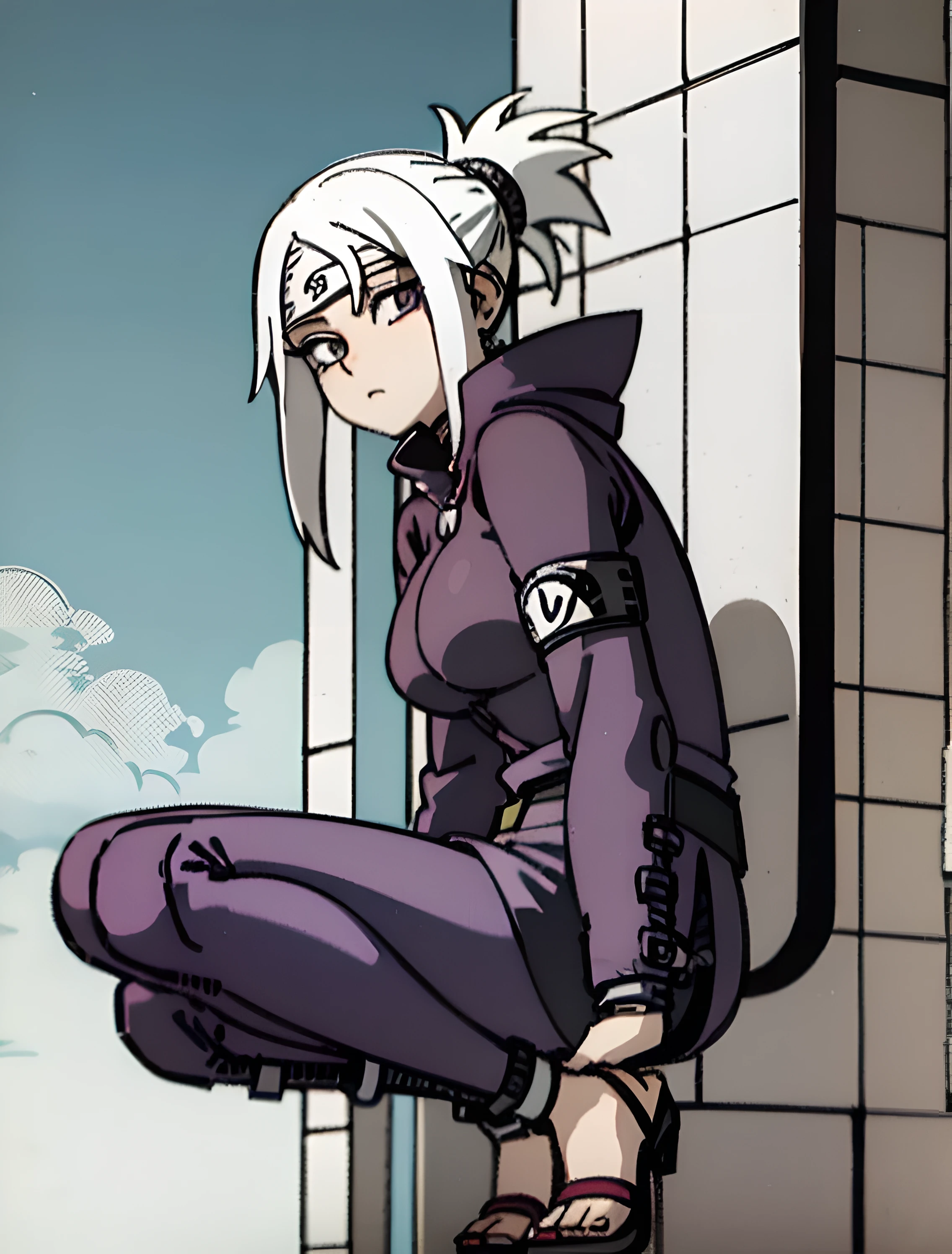 Anime Naruto girl with tall white hair and purple eyes 