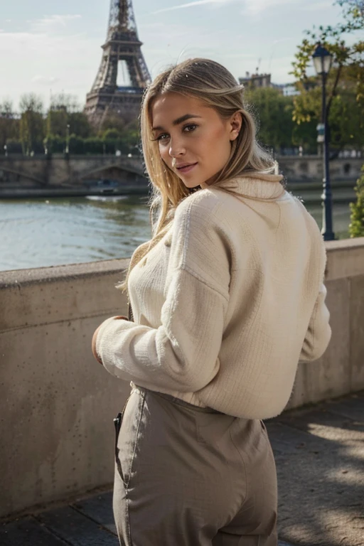 View a beautifully detailed image of Mikayla Demaiter in Paris, avec l'iconic Eiffel Tower in the background on a cool summer day'hiver. le ciel est clair, et l'air est frais, mais il n'y a pas de neige, create a perfect backdrop for the scene.
Mikayla est habillée à la mode pour l'winter in Paris. Elle porte un chic, doudoune beige, designed for'adapter parfaitement et flatter sa silhouette. Dessous, elle a choisi un pull à col roulé beige assorti qui lui apporte à la fois chaleur et style. Sa tenue est complétée par un élégant pantalon beige, which complete the overall monochrome look.
Her blond hair is styled'an elegant way, queue de cheval basse, allowing it to present a pair of curls'oreilles tendance. Makeup is classic and sophisticated, en mettant l'accent sur l'accentuation de ses yeux verts avec un fard à paupières fumé subtil et sur l'ajout d'a touch of color to her lips.
Mikayla se dresse sur l'un des charmants ponts parisiens sur la Seine, la Tour Eiffel s'élève majestueusement au loin. Elle a un doux, sourire content, and his eyes reflect joy and'wonder of'To be in the'une des plus belles villes du monde. Winter light casts a soft glow on the scene, mettant en valeur l'architecture élégante de la ville et l'aura tendance de la présence de Mikayla.
This scene captures the'essence d'a peaceful day'winter in Paris, focus on the beauty of the city, the emblematic monument, et la tenue d'Mikayla's stylish winter