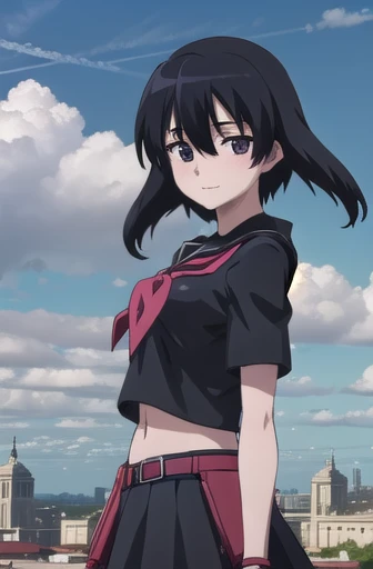 agkkurome, kurome, short hair, black hair, (black eyes:1.3), hair between eyes, cute face, smile, blush
BREAK skirt, serafuku, black serafuku, short sleeves, black skirt, neckerchief, red neckerchief, belt, midriff peek
BREAK city, sky, clouds, palace courtyards
BREAK looking at viewer, (cowboy shot:1.5), wind, wind blowing, from side
BREAK (masterpiece:1.2), best quality, high resolution, unity 8k wallpaper, (illustration:0.8), (beautiful detailed eyes:1.6), extremely detailed face, perfect lighting, extremely detailed CG, (perfect hands, perfect anatomy)