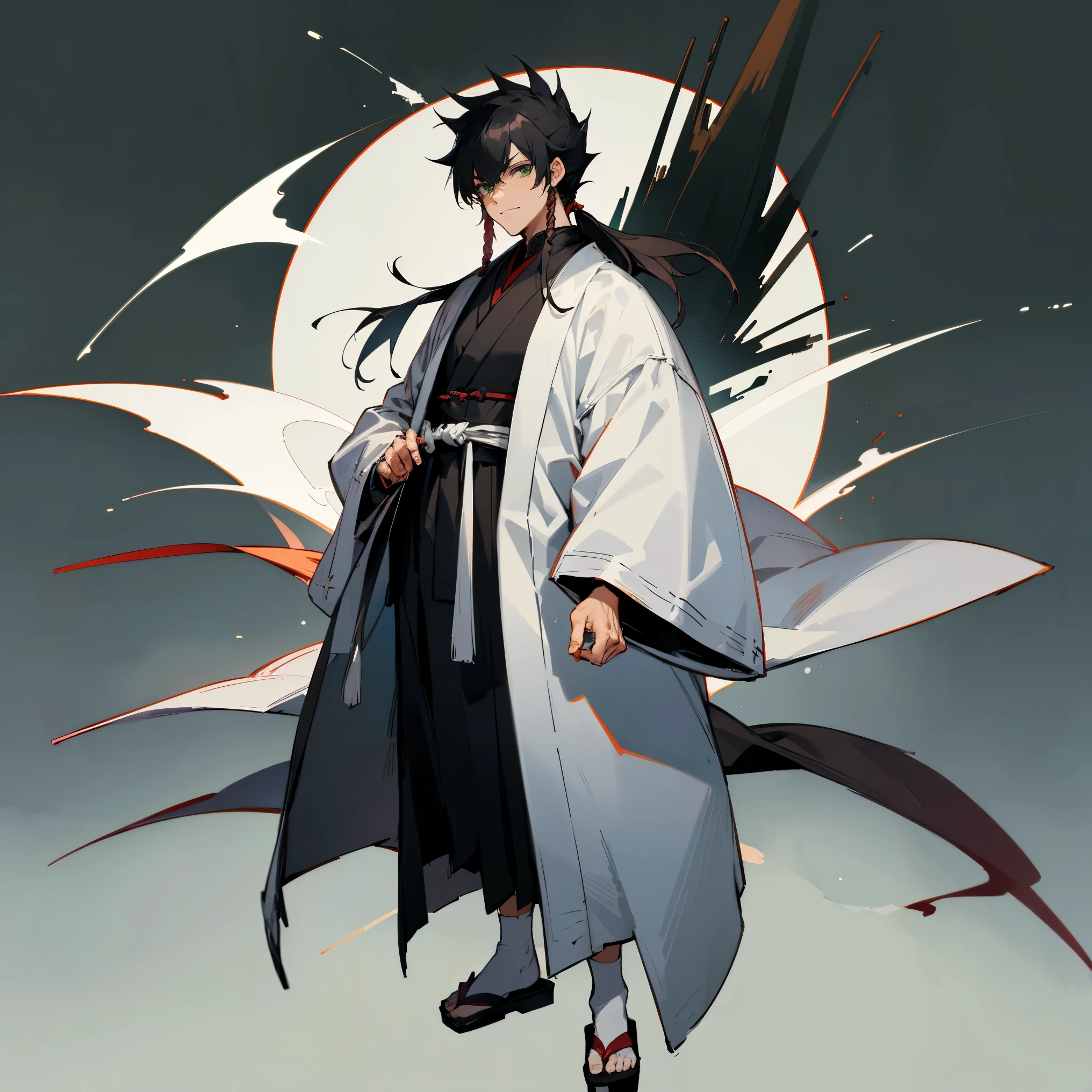 1male , Black Hair , Mullet , Spiky Hair , Smug Expression , Green Eyes , Black Robes , White Baggy Overcoat, Japanese , Socks with Sandals , Traditional Chinese City Background , Facing Viewer , Hands at sides , Adult Male