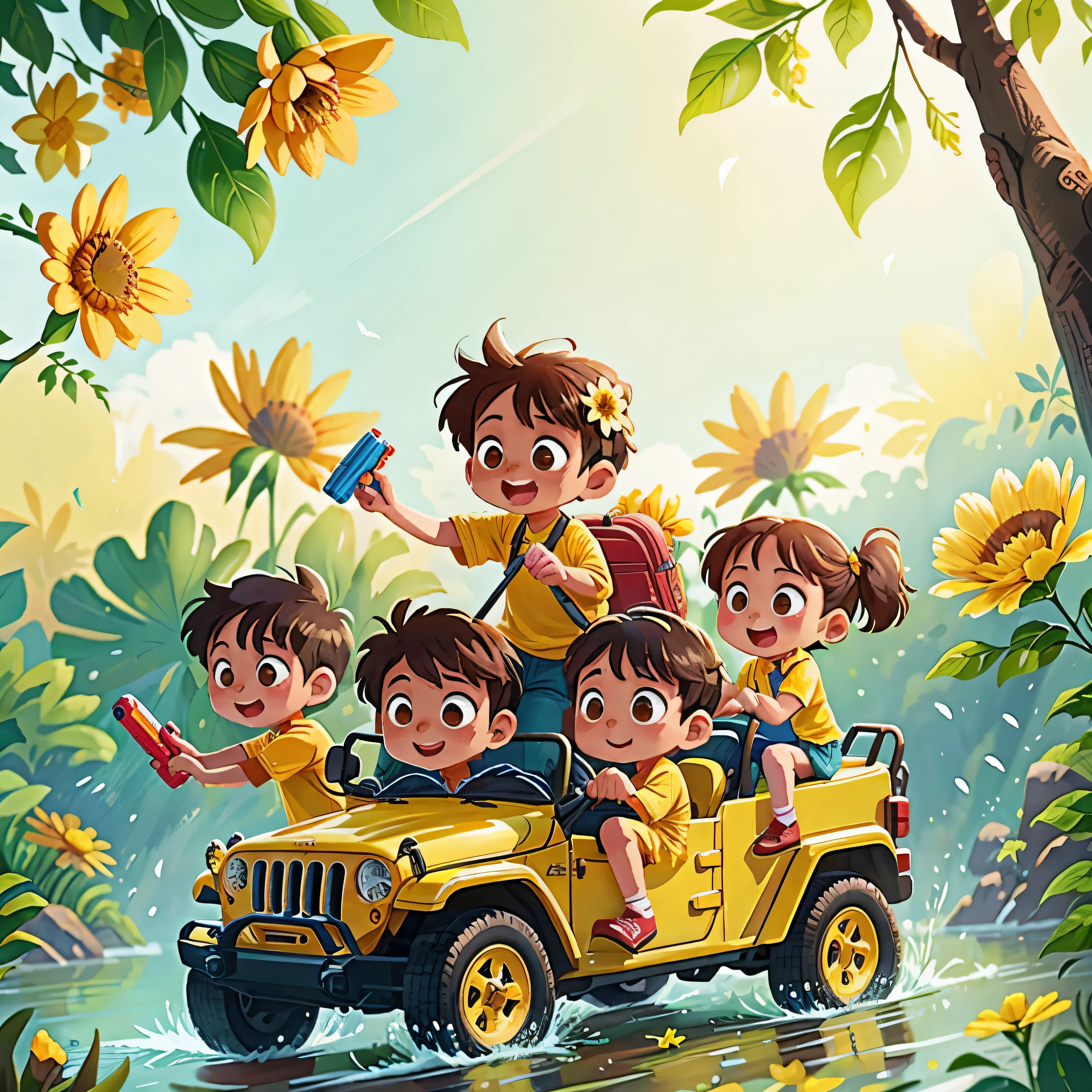 a group of children riding jeep in water festival, happy, holding water gun, yellow flower tree background