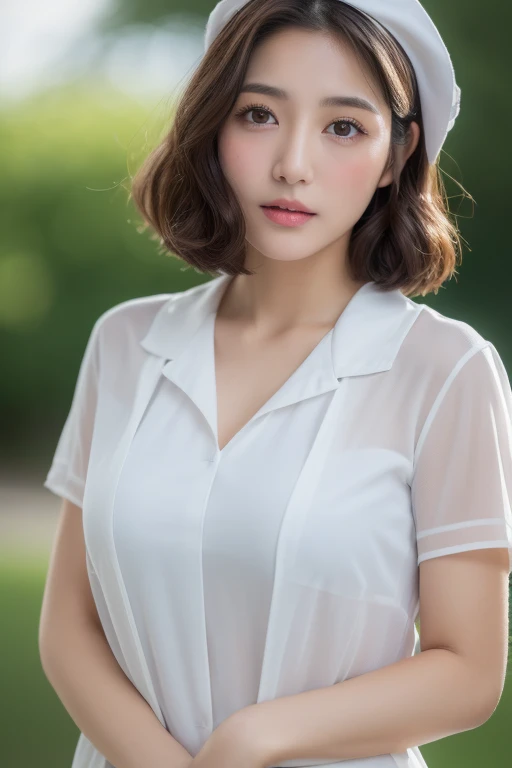 (highest quality、8K、32k、masterpiece、UHD:1.2)、photo of cute japanese woman、1 girl、(dark brown medium short hair)、(huge tit)、double eyelid、Take off your white nurse uniform、little white nurse (cap) 、White sheer underwear、full body esbian、Sexy