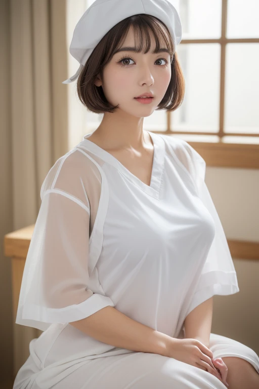 (highest quality、8K、32k、masterpiece、UHD:1.2)、photo of cute japanese woman、1 girl、(dark brown medium short hair)、(huge tit)、double eyelid、Take off your white nurse uniform、little white nurse (cap) 、White sheer underwear、full body esbian、Sexy