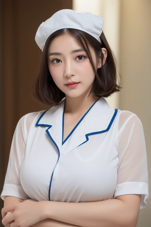(highest quality、8K、32k、masterpiece、UHD:1.2)、photo of cute japanese woman、1 girl、(dark brown medium short hair)、(huge tit)、double eyelid、Take off your white nurse uniform、little white nurse (cap) 、White sheer underwear、full body esbian、Sexy