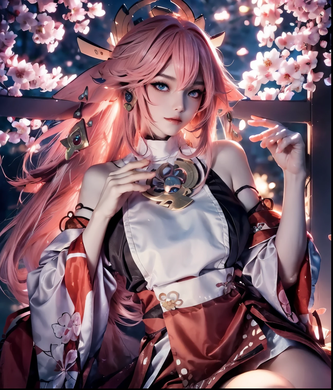 anime style, (masterpiece:1.35),(bestquality:1.4), 8k,ultra-detailed, photography, (ultra-realistic:1.4), film grain, Fujifilm XT3, depth of field, female focus, mature female, (sexy Asian female:1.45), (back hand), (photo from behind)!!, adult, (looking at nature view)!!, bare shoulders, blush, seductive smile, fresh lips, detached sleeves, earrings, fingernails, hair between eyes, hair bangs, (pink hair)!!, very long hair, detailed realistic hair, golden hair pin ornament, japanese clothes, kimono clothes, detailed realistic clothes, jewelry, yellow gemstone, detailed jewelry, short dumbbell neck, neck garter, leather necklace, plump breasts, (breast cleavage)!!, super seductive temptation, open skirt, petticoat, (fishnet legs)!!, stockigs, smooth thighs cleavage, garter thighs, armpit, erotic, nontraditional ningguang, detailed eyes, (shiny eyes pupils:1.25)!!, (colored sharp eyes)!!!, (homochromatic eyes)!!, cherry blossom, sidelocks, (lie down at bed)!!, window with flower, yae miko \(genshin impact\), (correct anatomically)!!,