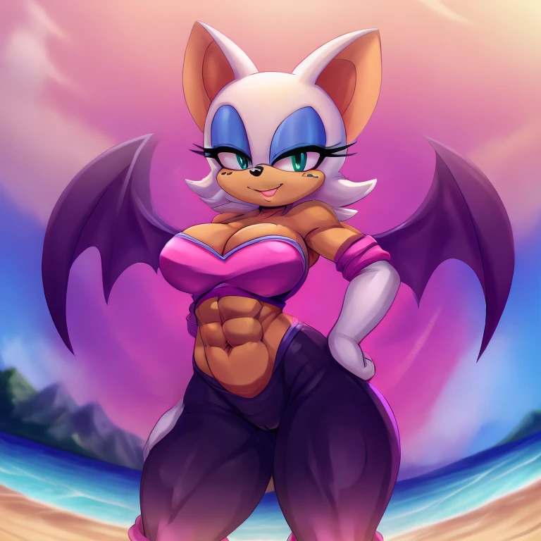 a digital artwork of Rouge the bat with abs wearing a crop top of her original outfit with a bare midriff and a bare navel , digital art, ((perfect face)), ((best quality)), ((masterpiece)), she has a tan midriff