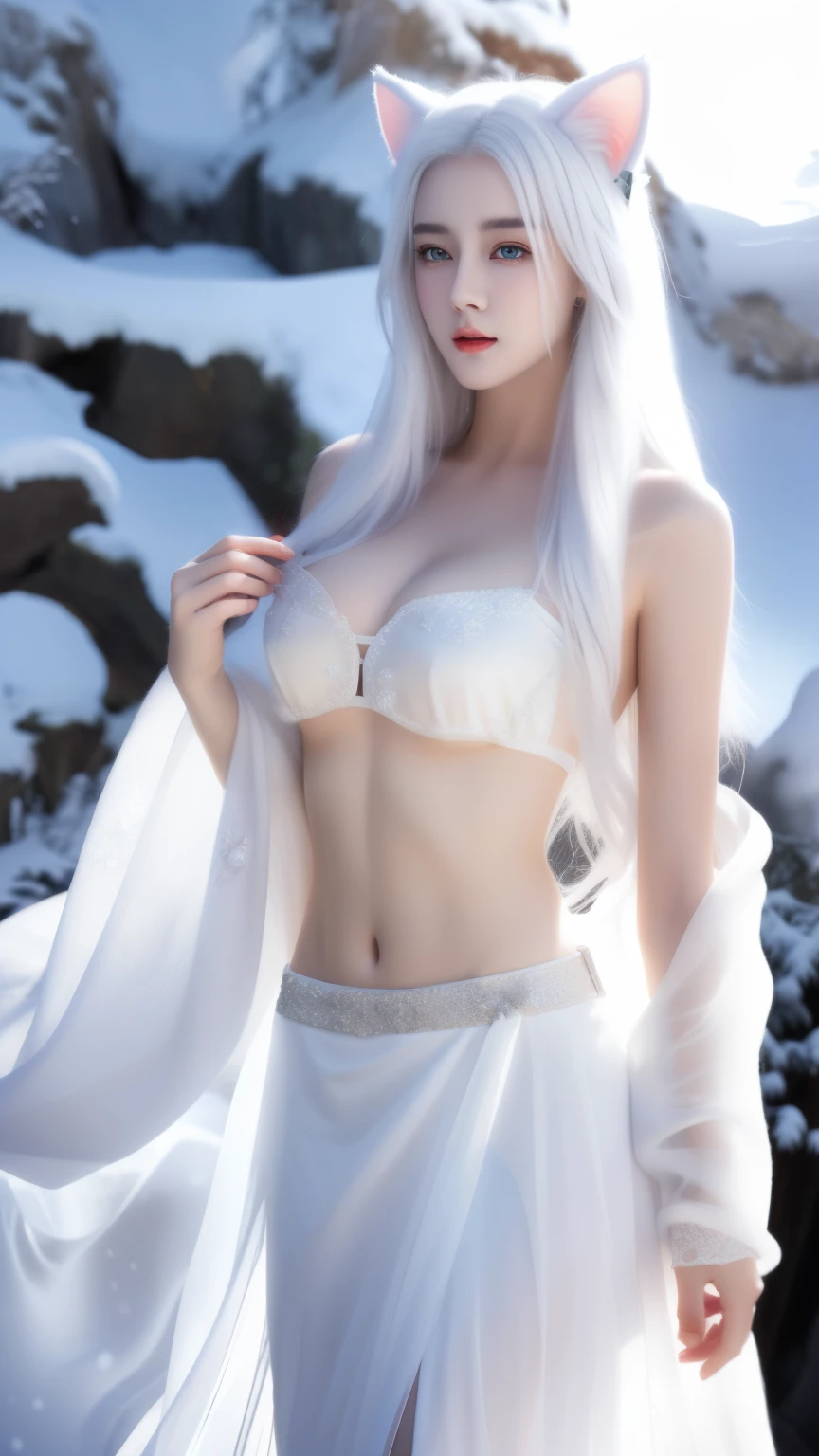 One wearing a white dress、Close-up of woman with cat ears, ethereal beauty, Stunning young and ethereal figure, huge breasts,bigger breasts,Expose more breasts,exposed,Show belly button,flowing white robe, flowing skirt, more sheer skirt,Openwork skirt,There are no shoulder straps,flowing magic robe, beautiful girl, very beautiful top model, Beautiful digital artwork, tall thin beautiful goddess, beautiful goddess, Beautiful fantasy girl, beautiful fantasy art, Smooth digital concept art, Smooth anime CG art,heavy snow,snow mountain,lake,white hair,His face was slightly red,There is a red dot decoration between the eyebrows