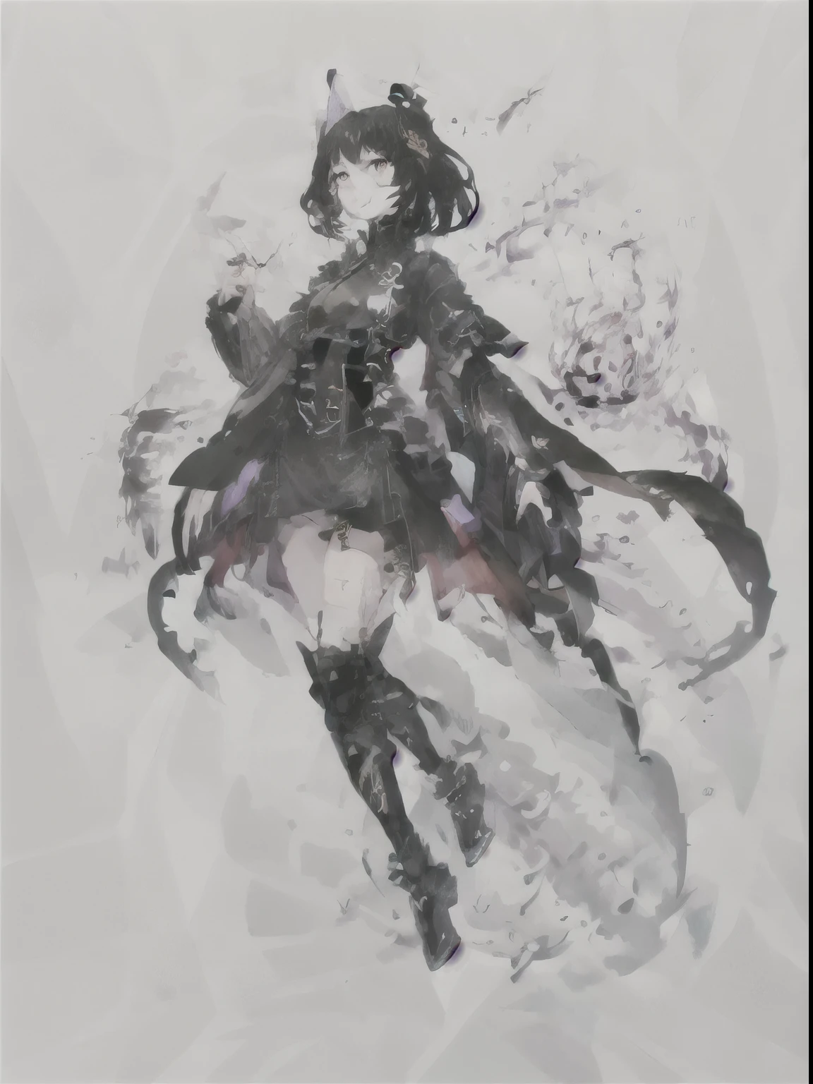 Full body of a woman with short black hair, ink smudging, extreme details, dynamic composition, perfect composition, black and white ink style, face delicate and colorful, light color, fierce eyes, martial arts style, national style, delicate and beautiful face, waist seal, sharp eyes, evil smirk, one small demon horn on her left forehead