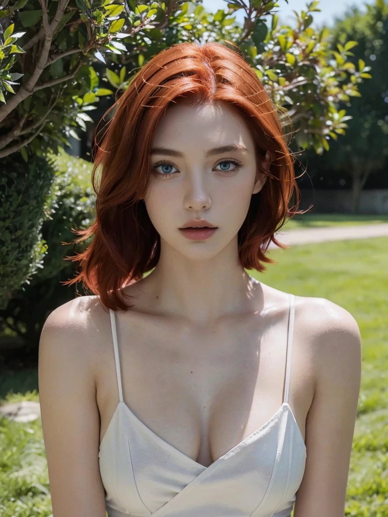 ( masterpiece, top quality, best quality,8k,17 years old girl,ultra detailed,raw photo:1.5),(photorealistic:1.4), (Asymmetrical Haircut,red hair:1.5), (cinematic lighting), PerfectNwsjMajic, , Surrealism, UHD, ccurate, Super detail, textured skin, High detail, Best quality, dynamic angle, (high nose,White skin),[Beautiful blue eyes],[flat chest:large breasts:0.5],(1girl),(good anatomy:0.5)),(outside:1.5),
