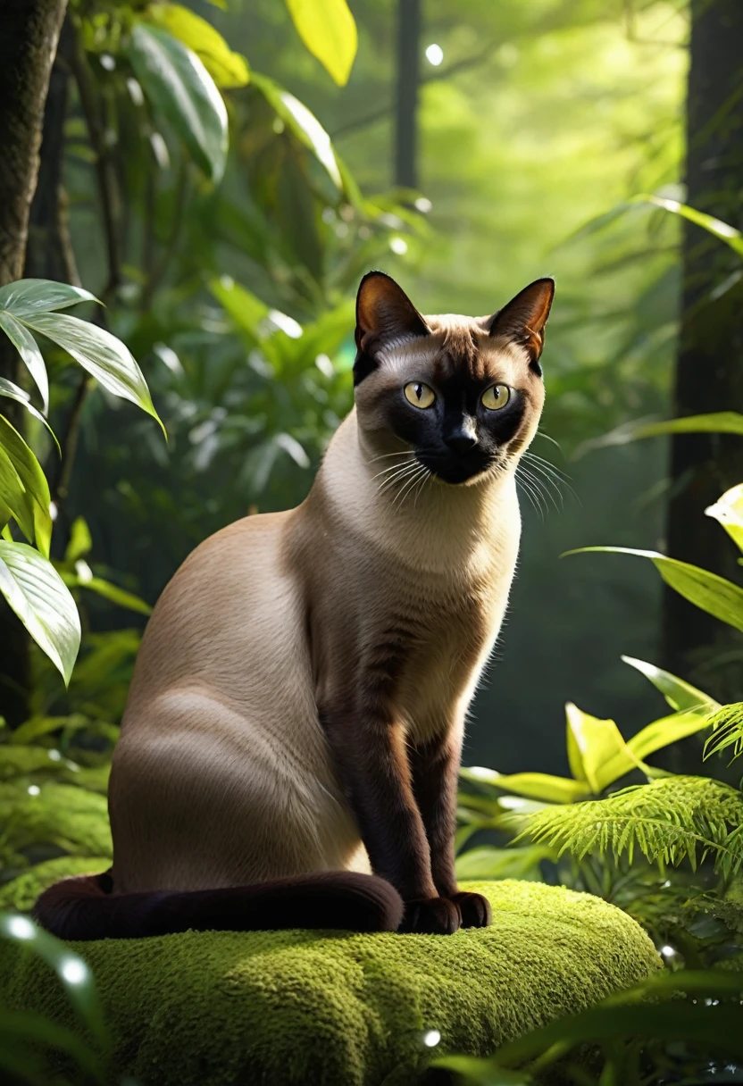 realistic cat、Tonkinese、black face、Body dark brown、Yellow with black eyes、relax、Beautiful CG、8K、whole body、Angle of movement、in the deep forest、Asahi、morning dew、mysterious、friendly、