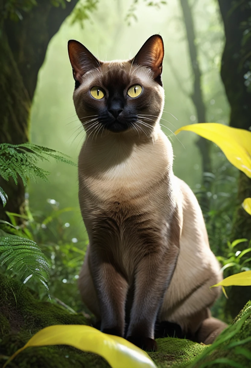 realistic cat、Tonkinese、black face、Body dark brown、Yellow with black eyes、relax、Beautiful CG、8K、whole body、Angle of movement、in the deep forest、Asahi、morning dew、mysterious、friendly、