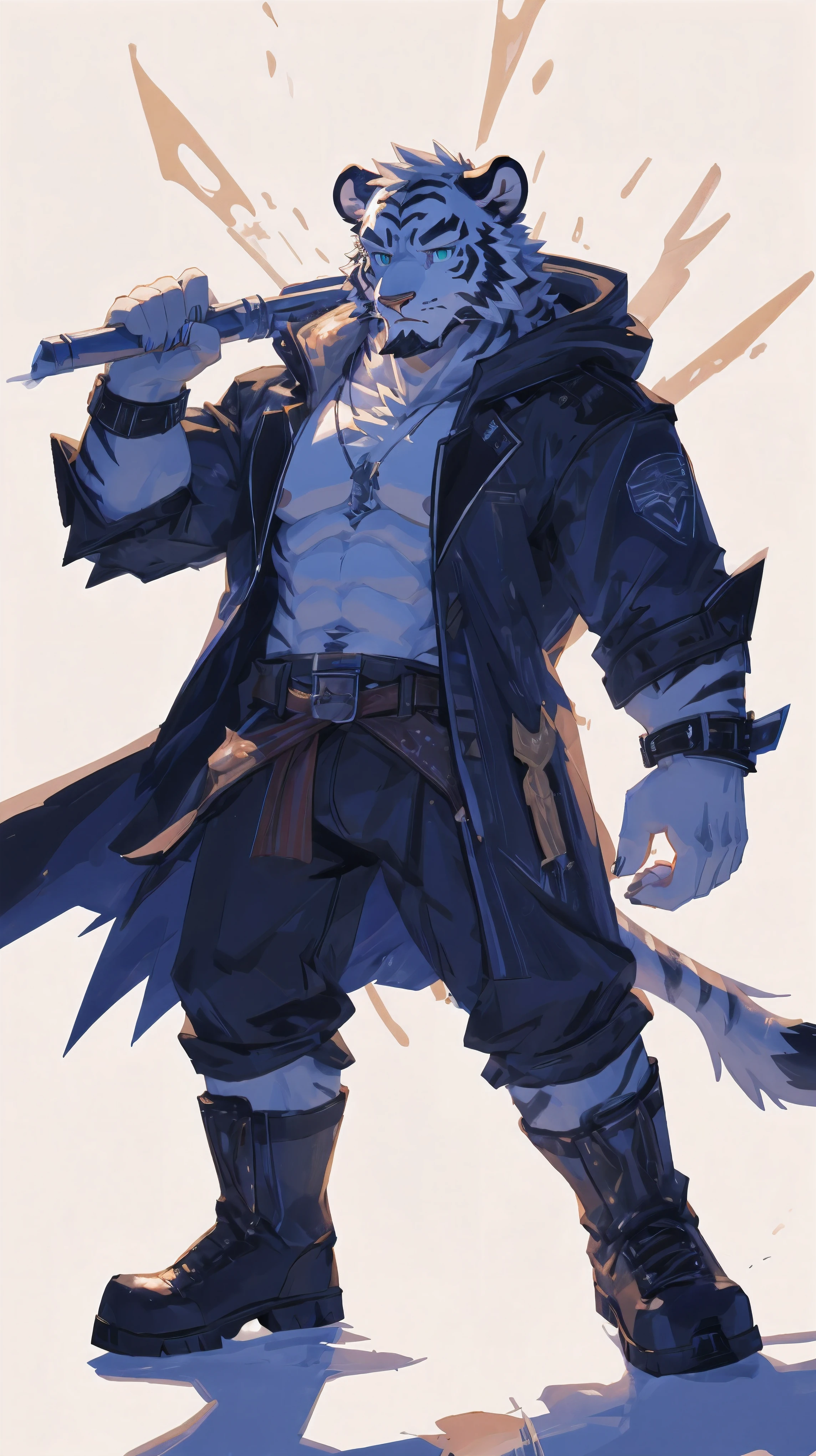 (masterpiece:1.2), best quality,pixiv,official art,perfect anatomy, (Light line tracing, Light),alone, (1_male:1.3) , (muscle), (dynamic poses:1.3), (Super detailed), sharp focus, Genji, Eye, (glowing cyan Eye), hairy, (white fur:1.6),(muscle white tiger), (beard:1.3), tiger tail, Few, thick eyebrows,open hoodie, naked inside, cargo shorts, boots, Super detailed face, high detail, high quality, (best quality,4K,8K,High resolution,masterpiece:1.2),bright colors, floating in the sky, reach out, (White background:1.3), (Light flow:1.3), colorful Light glow