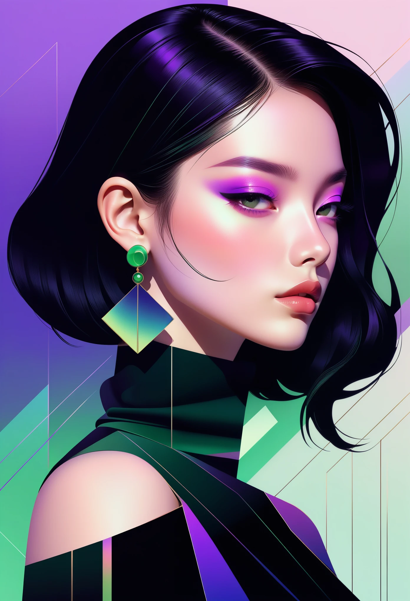 (((vector，flat form style，illustration，数字艺术illustration)))，1 girl，Unique，pretty face，earrings，portrait，Shoulder，Black high neck，Geometric gradients，gradient lines，artistic conception，Abstract，Minimalism，minimalist lines，portrait，purples and greens，Rhythmic lines，A perfume bottle