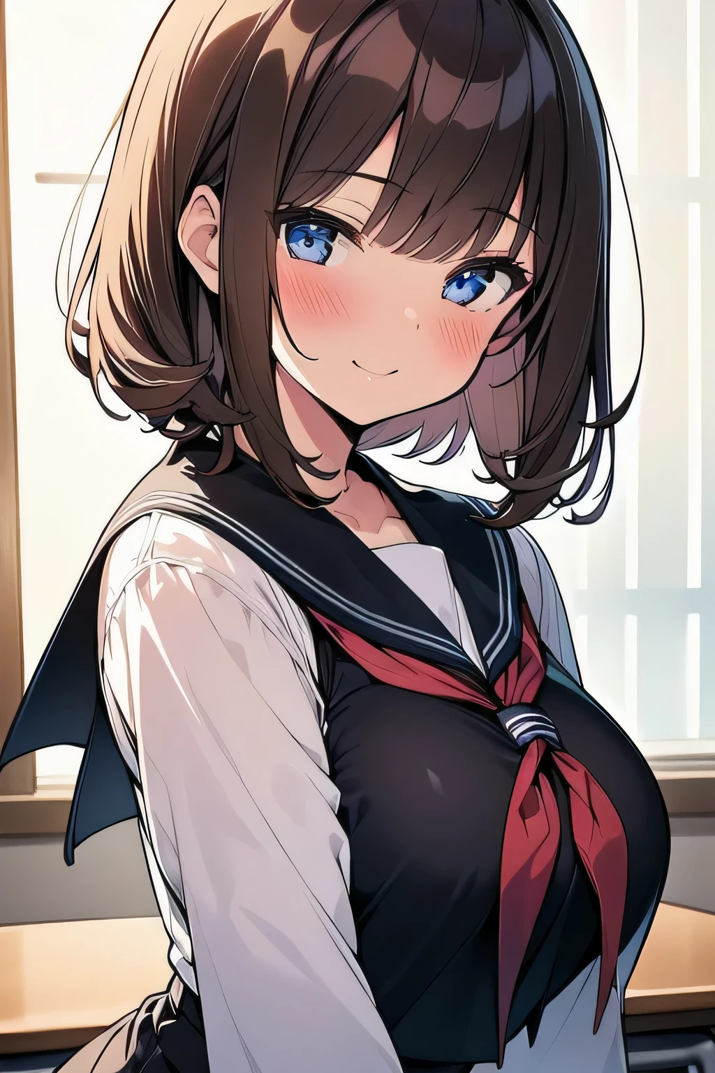 (best quality), (Super detailed), (Best Illustration), (1girl), look at viewer, upper body, (long sleeve, white serafuku), (large breasts:1.2), light smile, blush, brown hair, (bob cut), curly hair, hairs between eyes, blue eyes, (school:1.3),