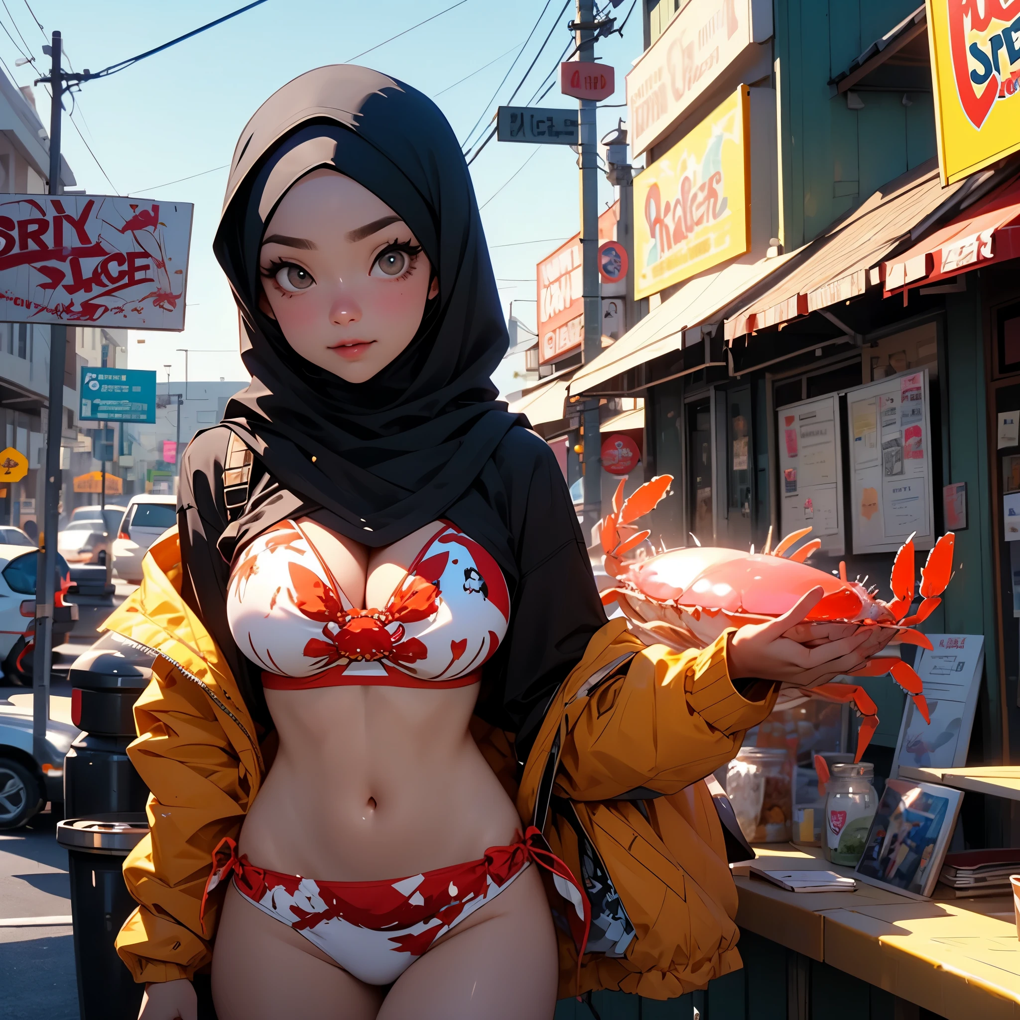 (A busty Malaysian woman, age 30, wearing a hijab and a crab themed bikini) waves a sign trying to get peoples attention for he Crab Shack diner she works at